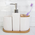 Load image into Gallery viewer, Home Basics 4 Piece Ceramic Bath Accessory Set with Bamboo Accents $10.00 EACH, CASE PACK OF 6
