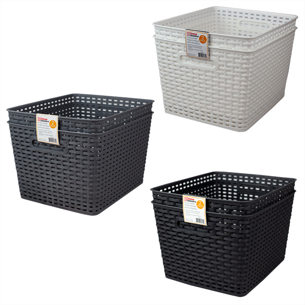 Home Basics Crossweave  14" x 11.5" x 8.75" Multi-Purpose Stackable Plastic Storage Basket, (Pack of 2) - Assorted Colors