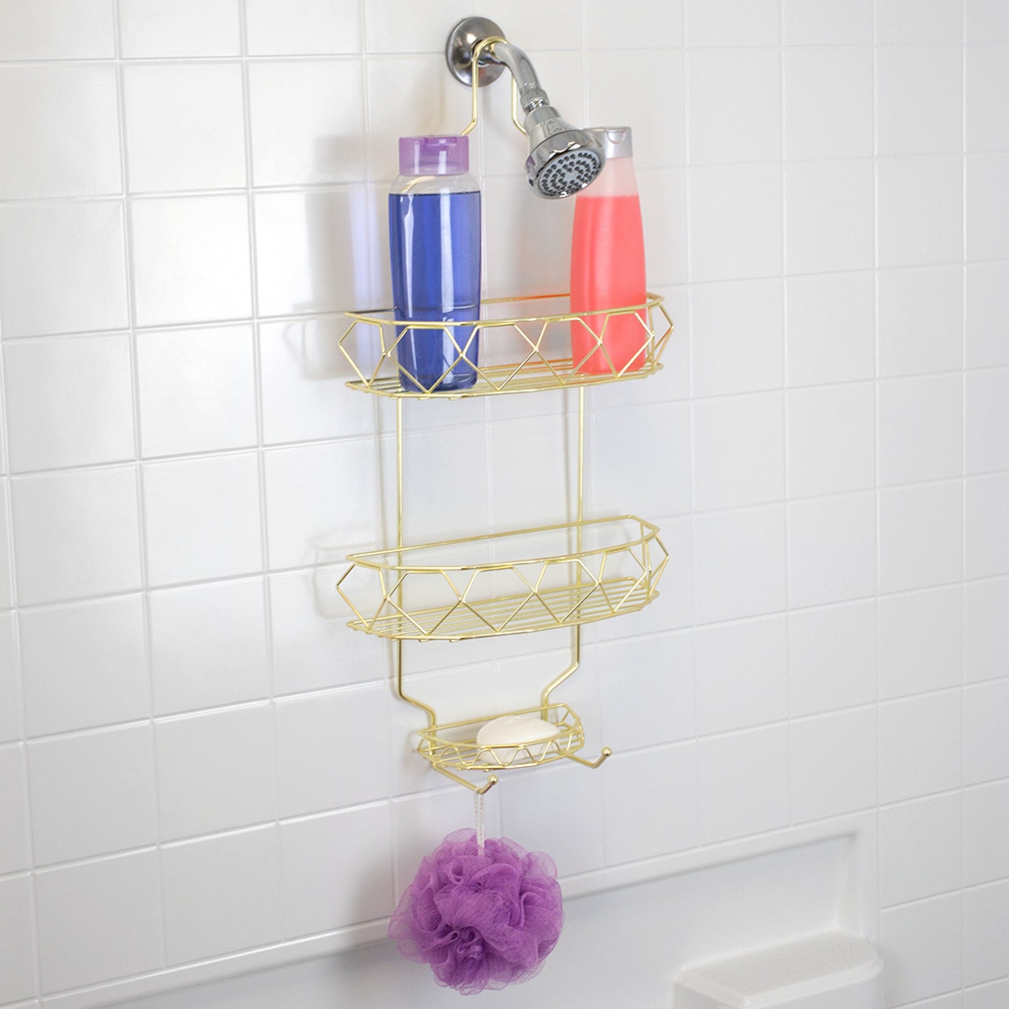 Home Basics Prism 2 Tier Shower Caddy with Built-in Hooks, Gold