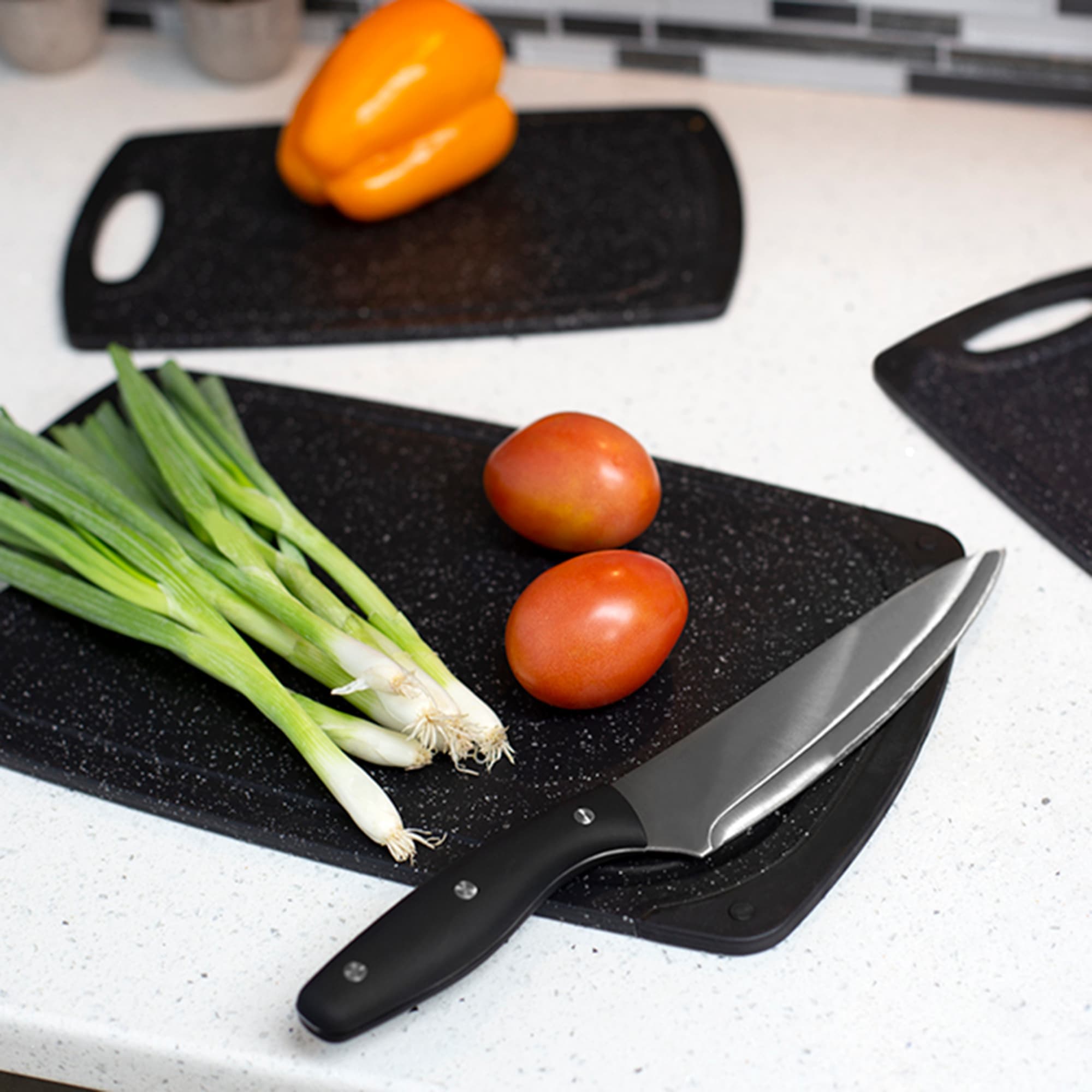 Home Basics 3 Piece Double Sided Granite  Look  Non-Slip Plastic Cutting Board Set with Deep Juice Groove and  Easy Grip Handle, Black $10.00 EACH, CASE PACK OF 6