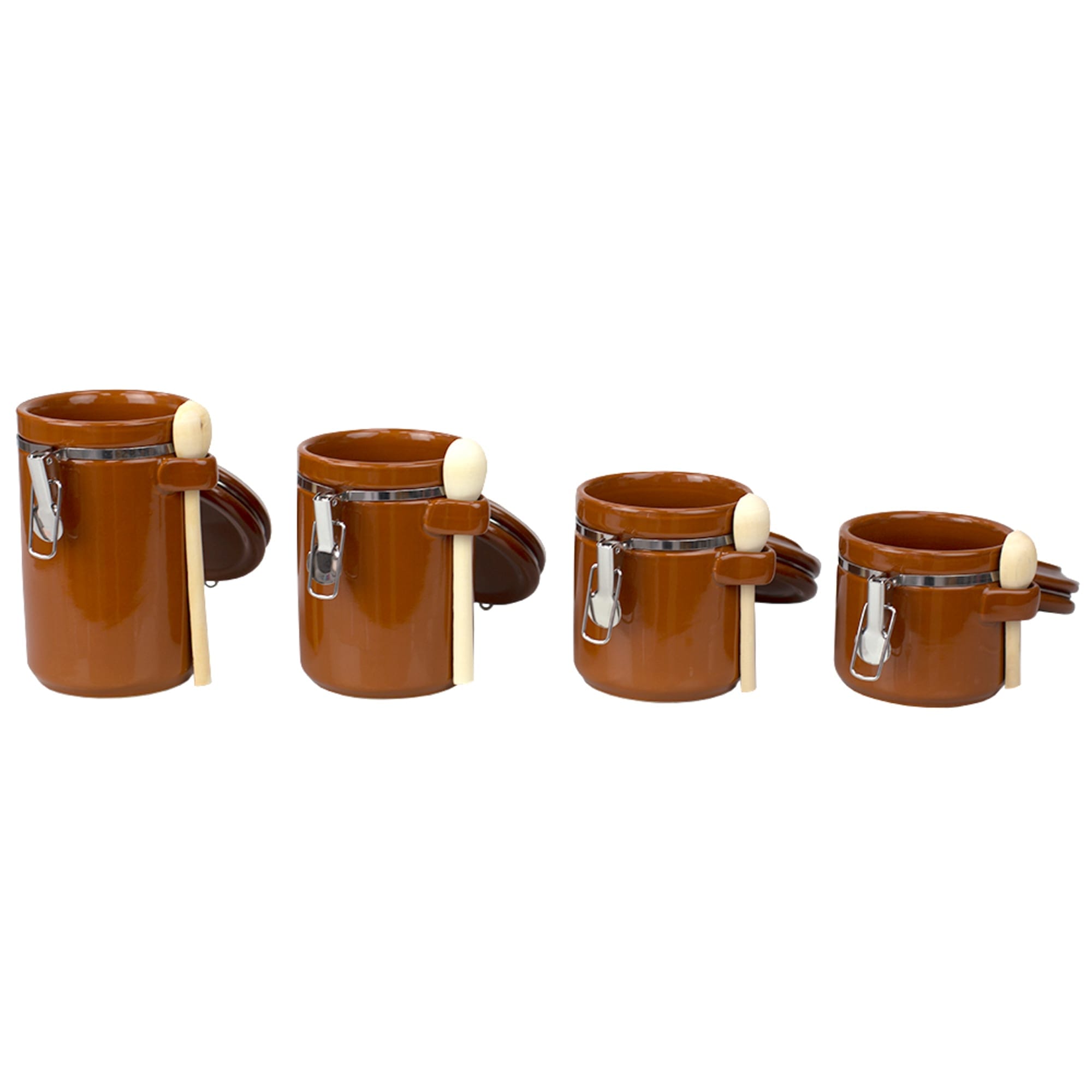 Home Basics 4 Piece Ceramic Canisters with Easy Open Air-Tight Clamp Top Lid and Wooden Spoons, Brown $20.00 EACH, CASE PACK OF 2