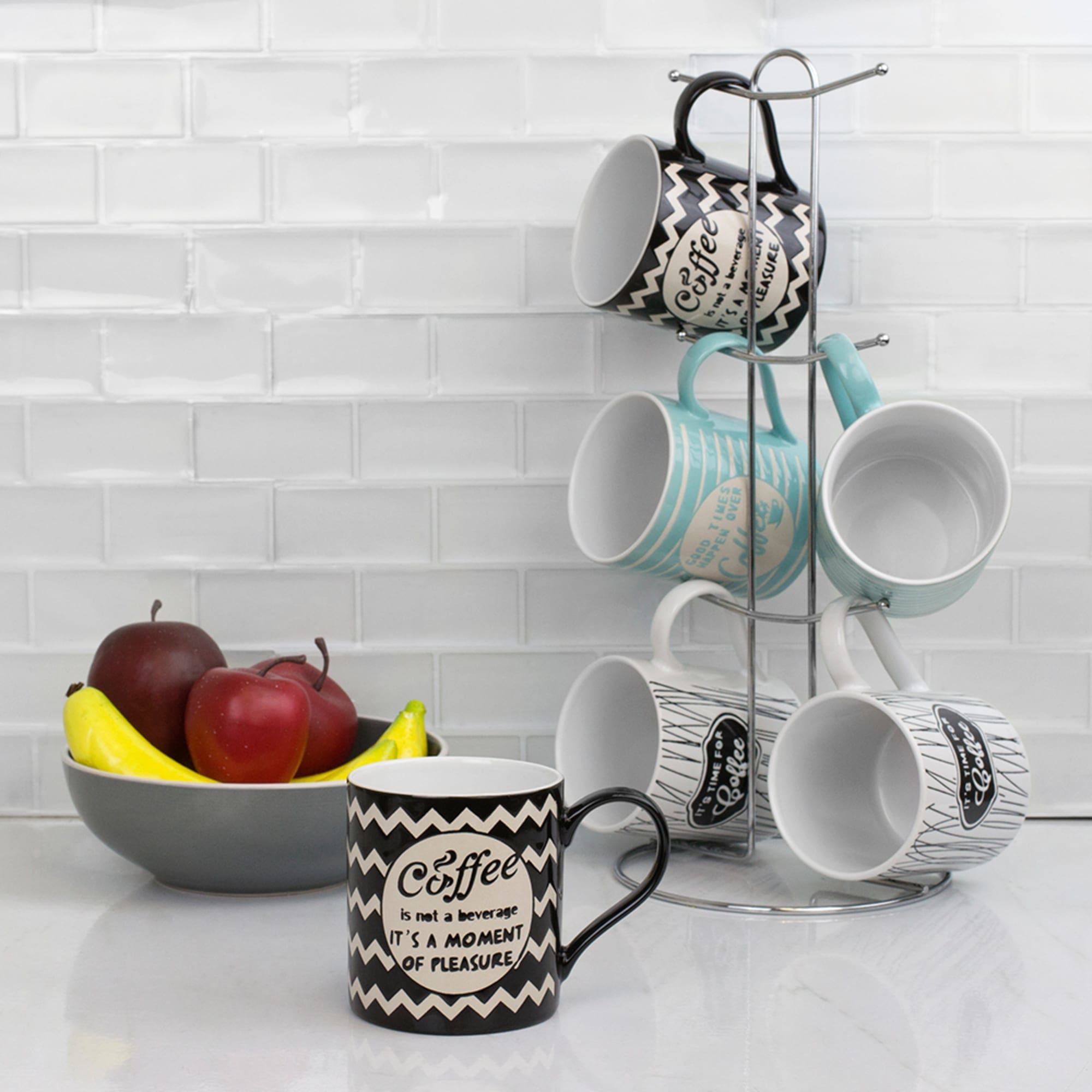 Home Basics It's Coffee Time 6 Piece Mug Set with Stand, Multi-Color $15 EACH, CASE PACK OF 6