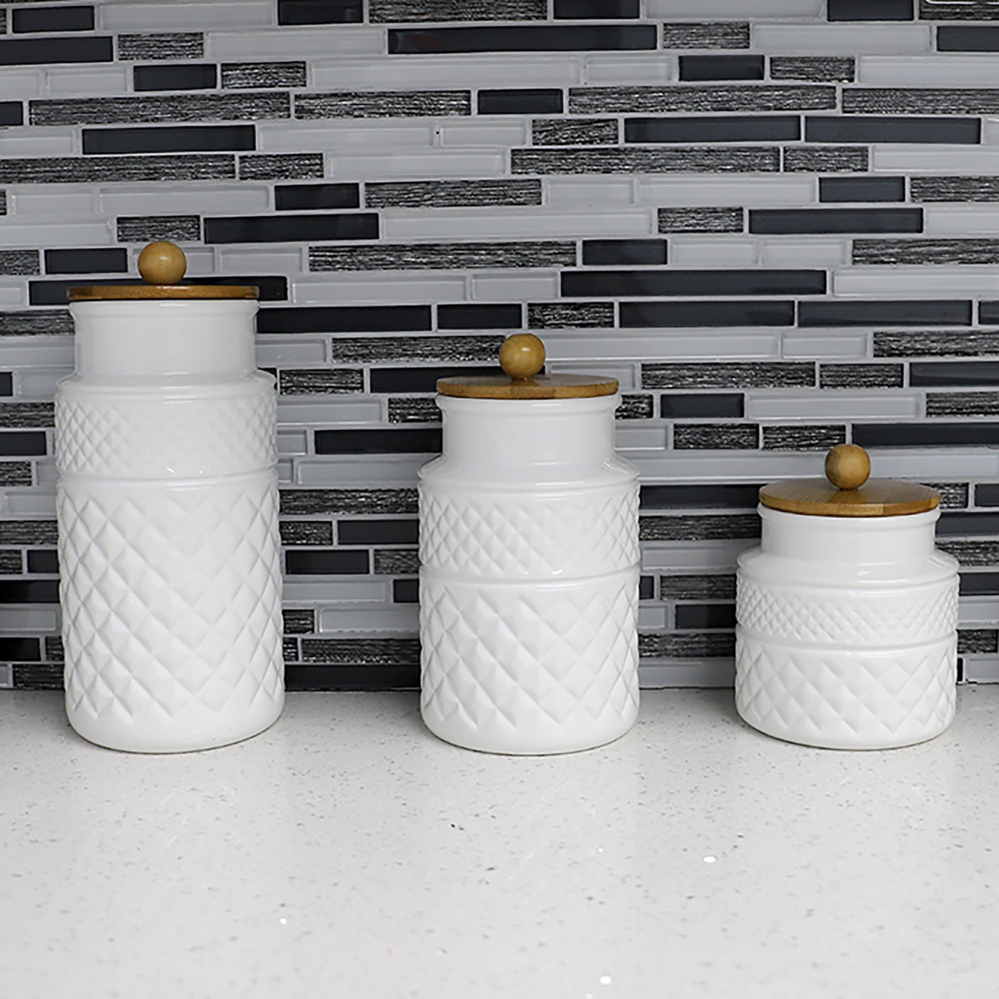 Home Basics 3 Piece Embossed Ceramic Canister with Bamboo Tops, White $20 EACH, CASE PACK OF 2