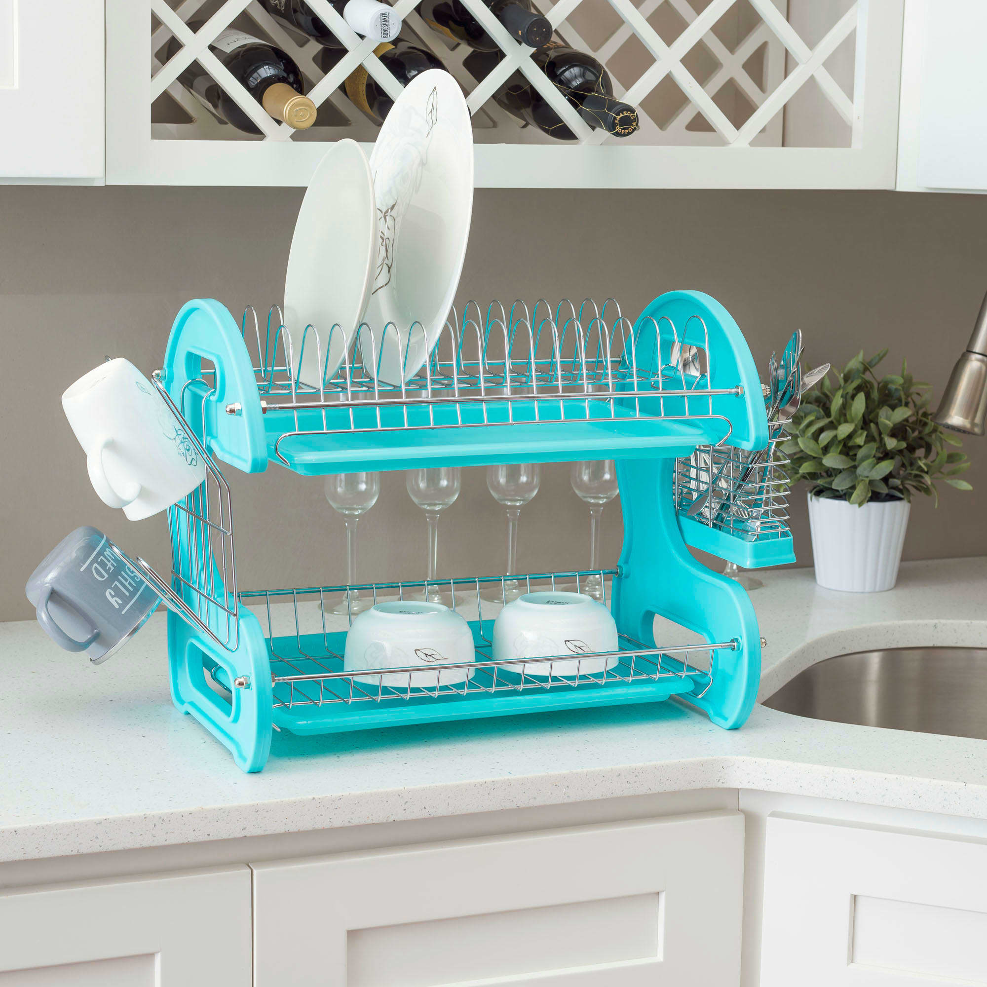 2 Tier Plastic Kitchen Dish Drying Rack with Lid Cover