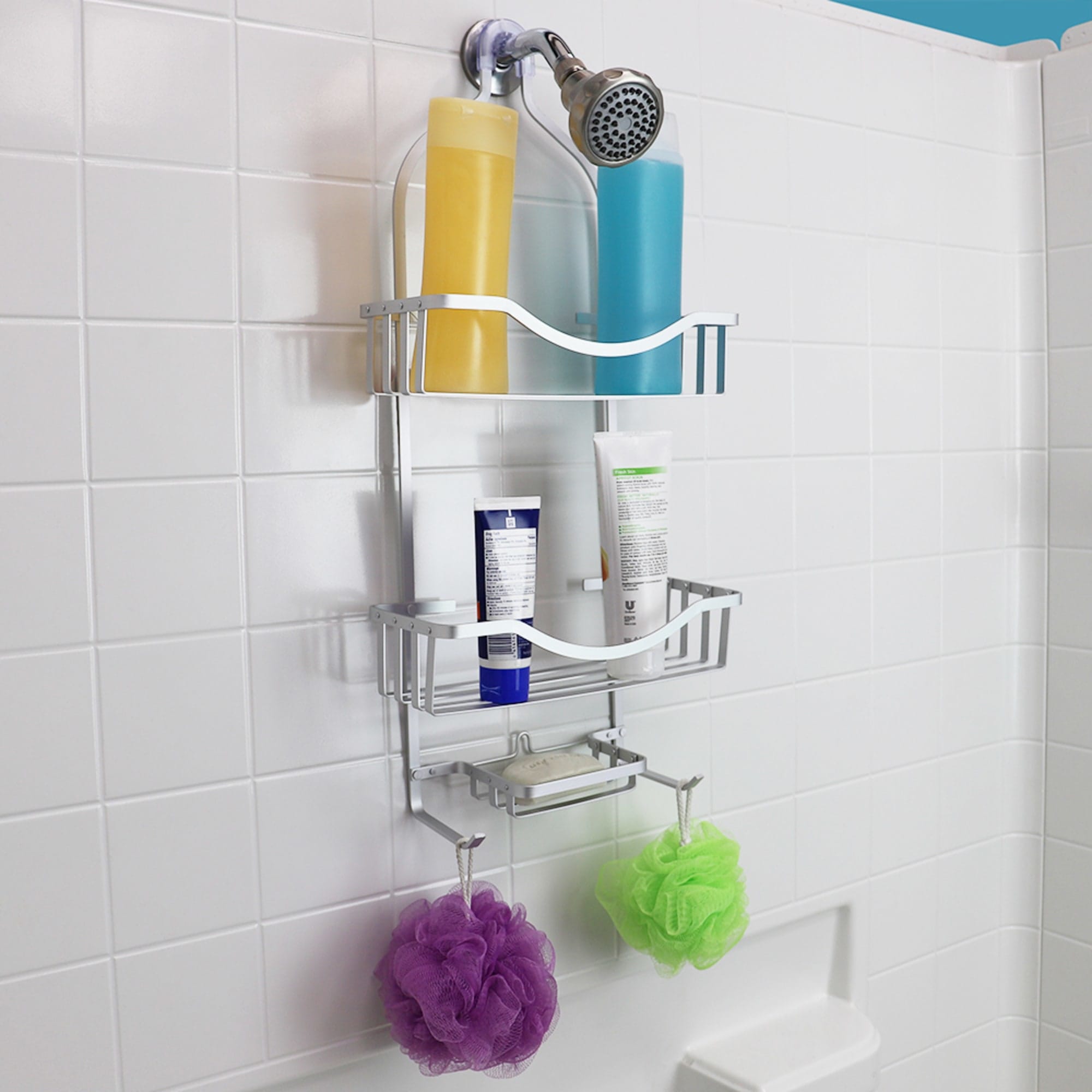 Home Basics Wave 2 Tier Aluminum Suction Shower Caddy with Integrated Hooks  and Soap Tray, Grey, SHOWER