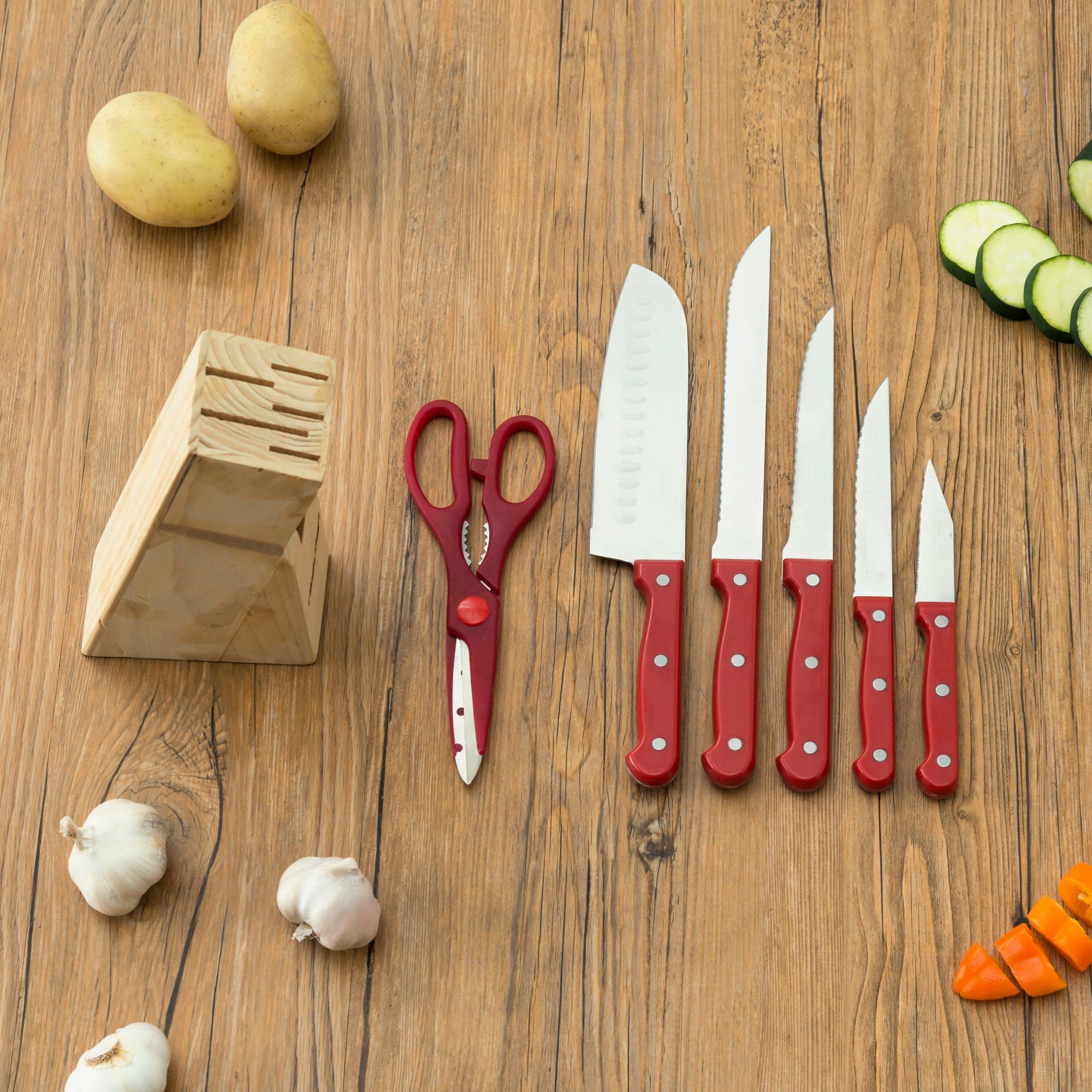 Home Basics 7 Piece Knife Set with Wood Block, Red, FOOD PREP