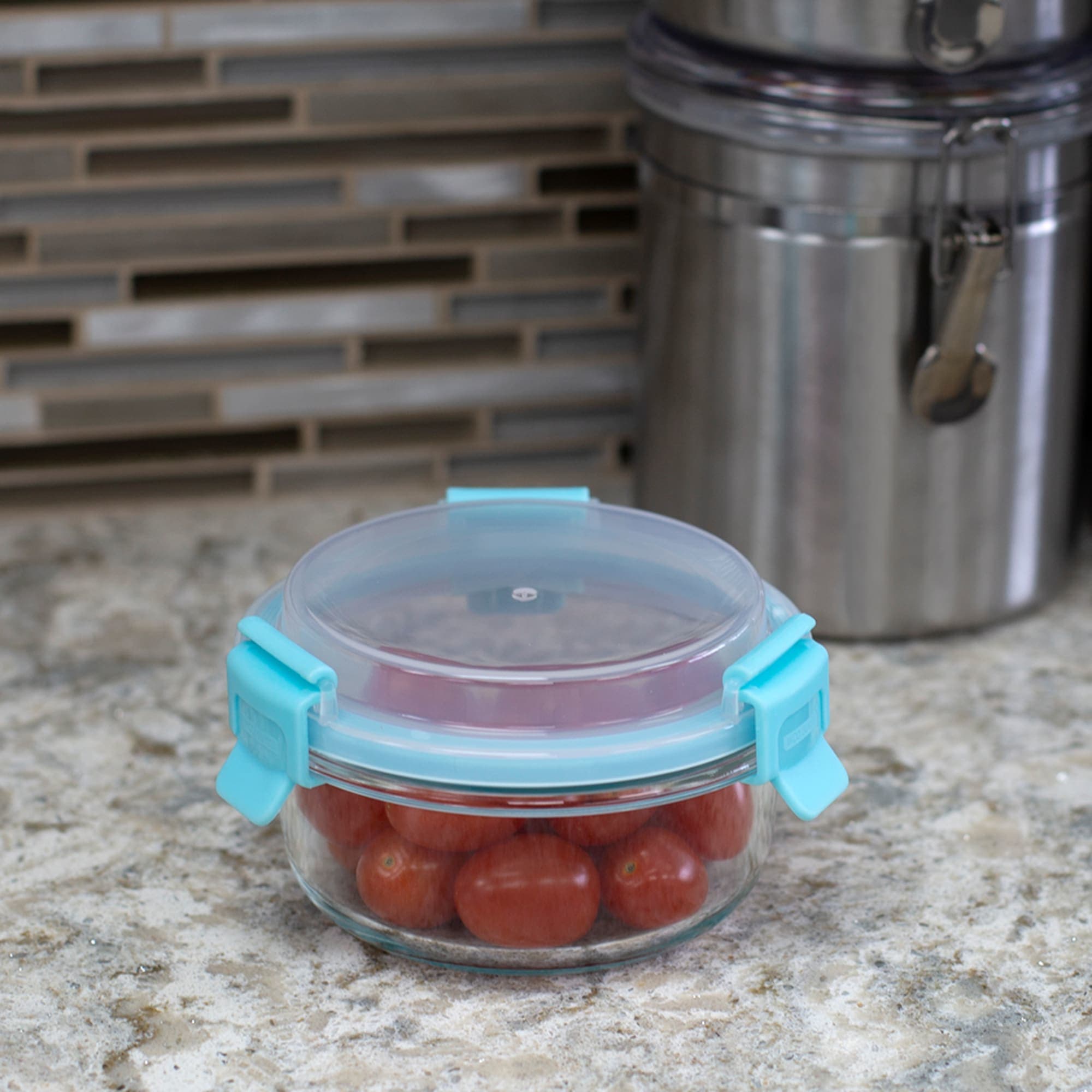Home Basics Leak Proof 13 oz.  Round Borosilicate Glass Food Storage Container with Air-tight Plastic Lid, Turquoise $3.00 EACH, CASE PACK OF 12