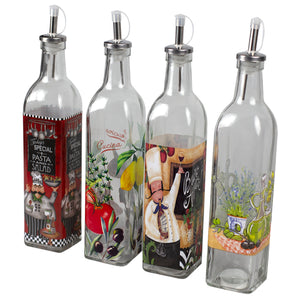 Home Basics 16 oz. Printed Pattern Tall Glass Oil and Vinegar Bottle with  Stainless Steel Spout - Assorted Colors