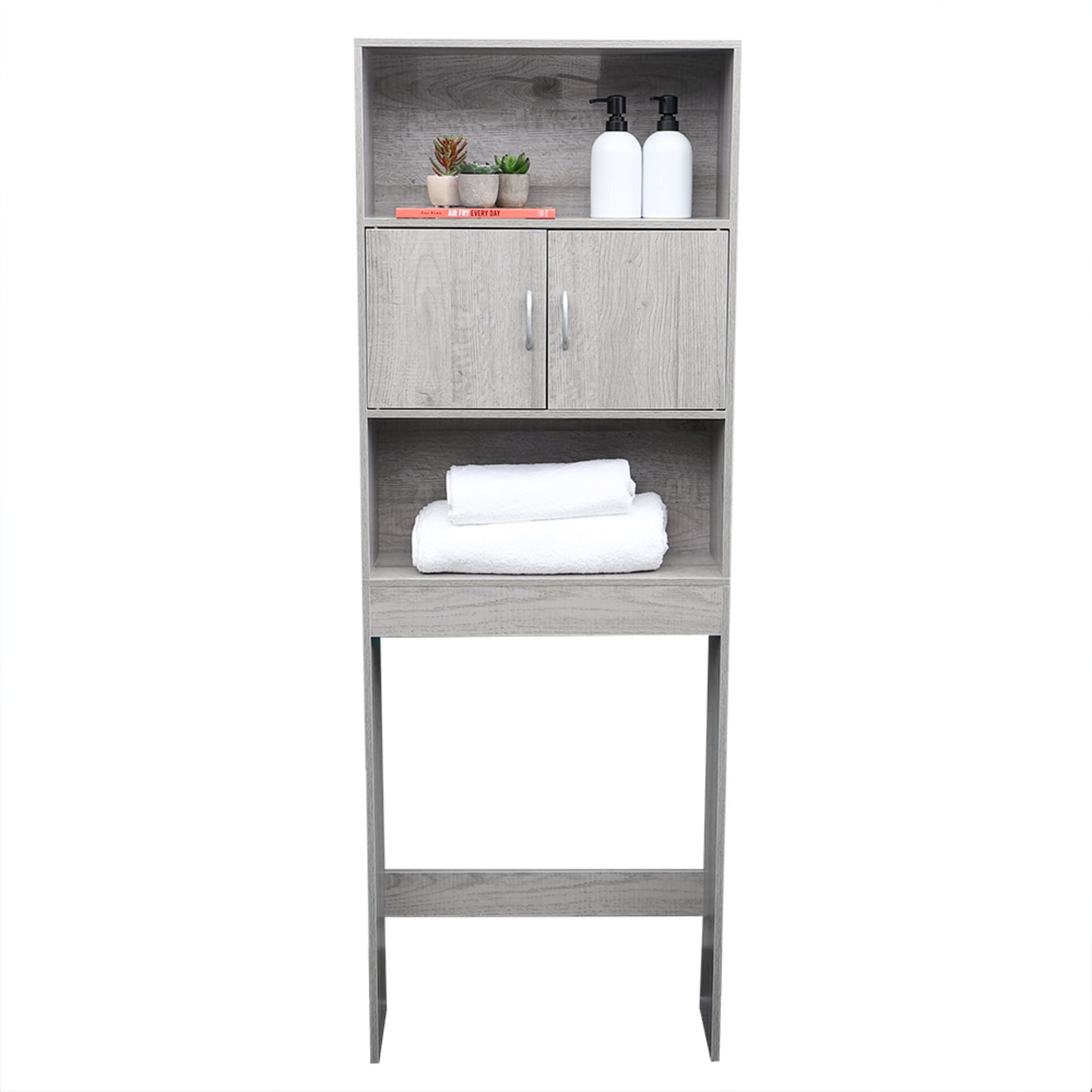 Home Basics 3 Tier Wood Space Saver Over the Toilet Bathroom Shelf with Open Shelving and Cabinets, Grey $60.00 EACH, CASE PACK OF 1