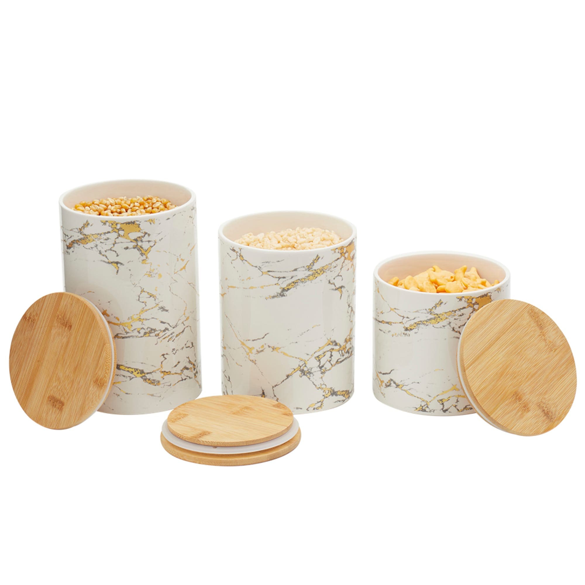 Home Basics 3 Piece Marble Print Ceramic Canister Set With Bamboo Tops, White $20.00 EACH, CASE PACK OF 3