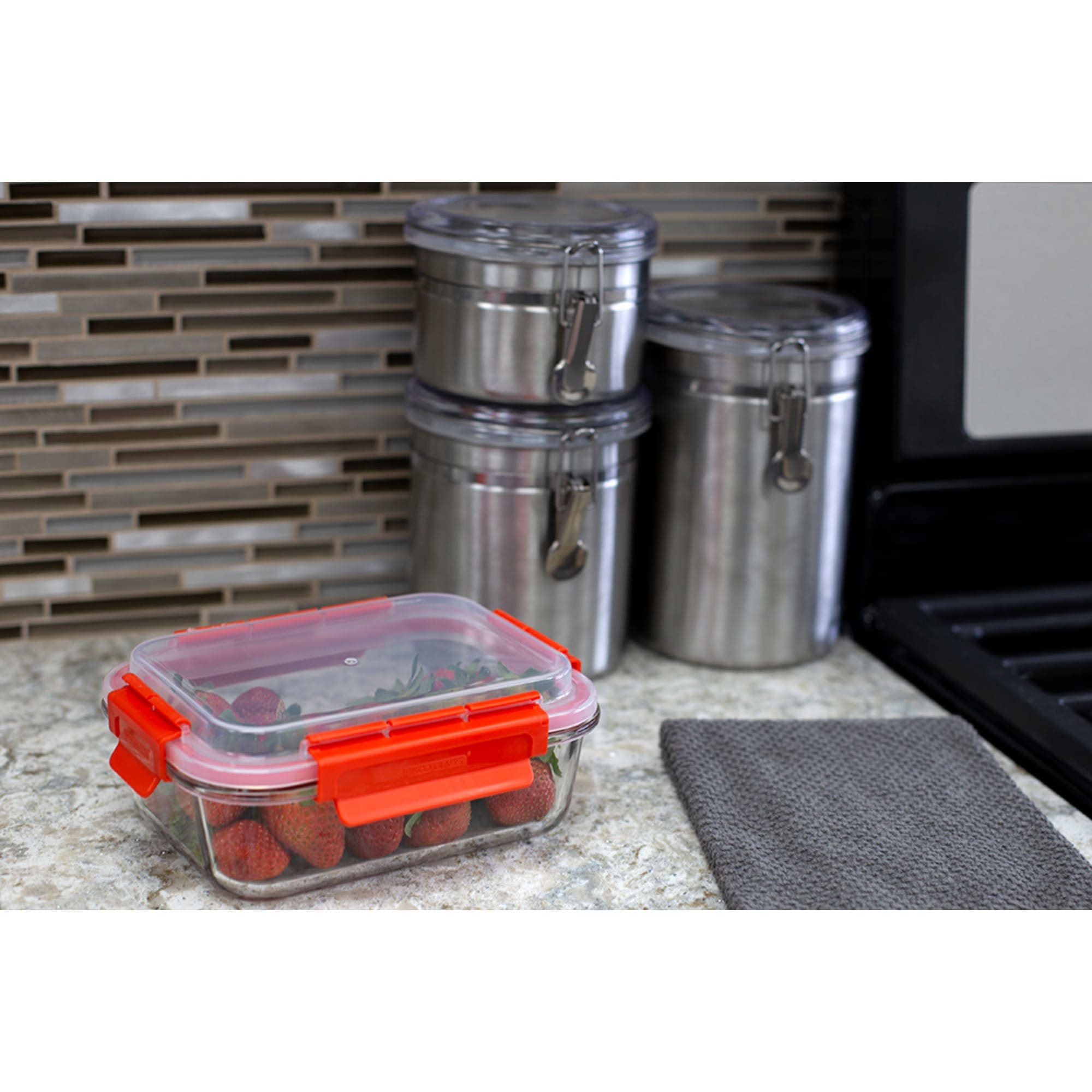 Home Basics Leak Proof  35oz. Rectangle Glass Food Storage Container with Air-tight Plastic Lid, Red $6.00 EACH, CASE PACK OF 12