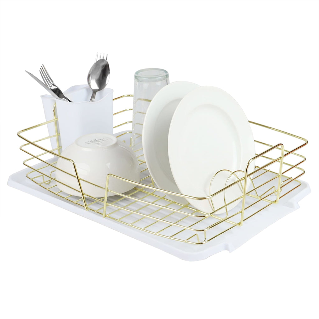 Gold Finish Steel Wire Compact Dish Rack with Oversized Utensil Holder,  White