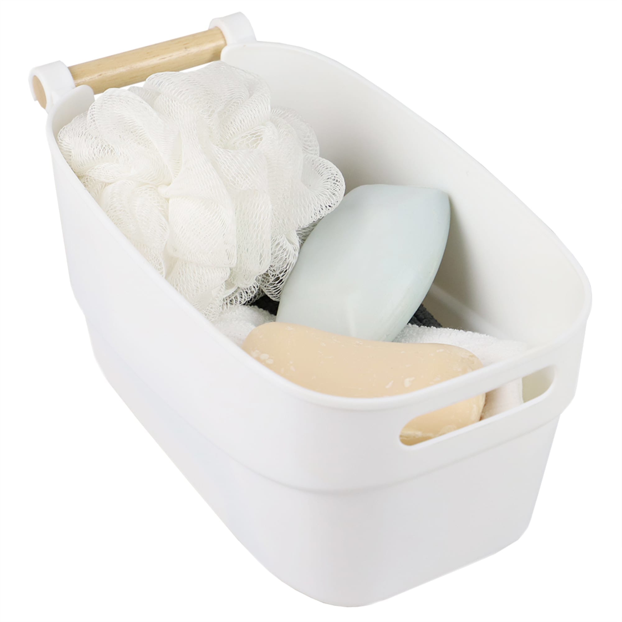 Home Basics Small Plastic Basket with Wooden Handle, White $5.00 EACH, CASE PACK OF 12