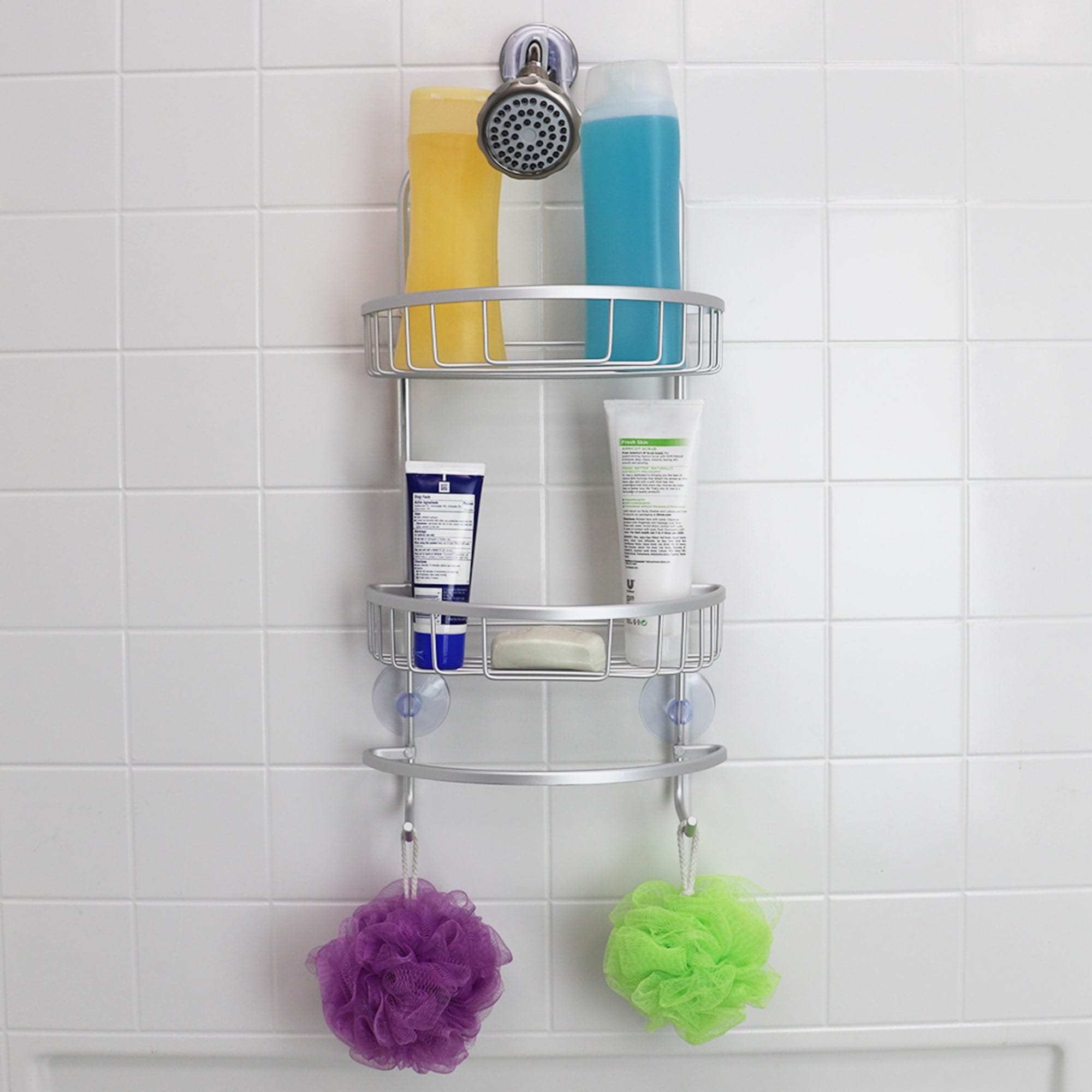 Home Basics 2 Tier Aluminum Suctioned Shower Caddy with Towel Rack and Integrated Hooks, Silver $15 EACH, CASE PACK OF 6