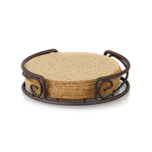 Home Basics Natural Cork 6 Piece Coaster Set with Scroll Collection Steel Holder $4.00 EACH, CASE PACK OF 12