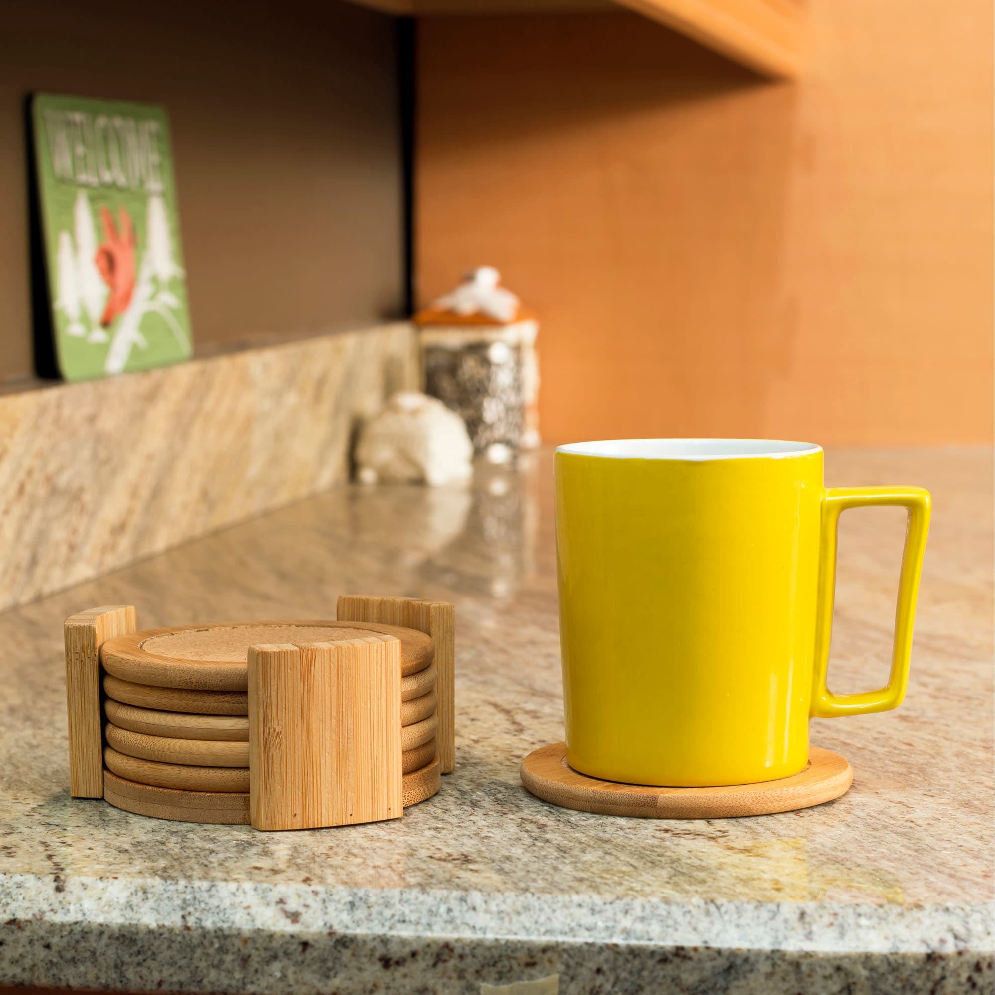 Home Basics 4.5" Bamboo Coaster Set, (Pack of 6) with Holder, Natural $7.00 EACH, CASE PACK OF 12