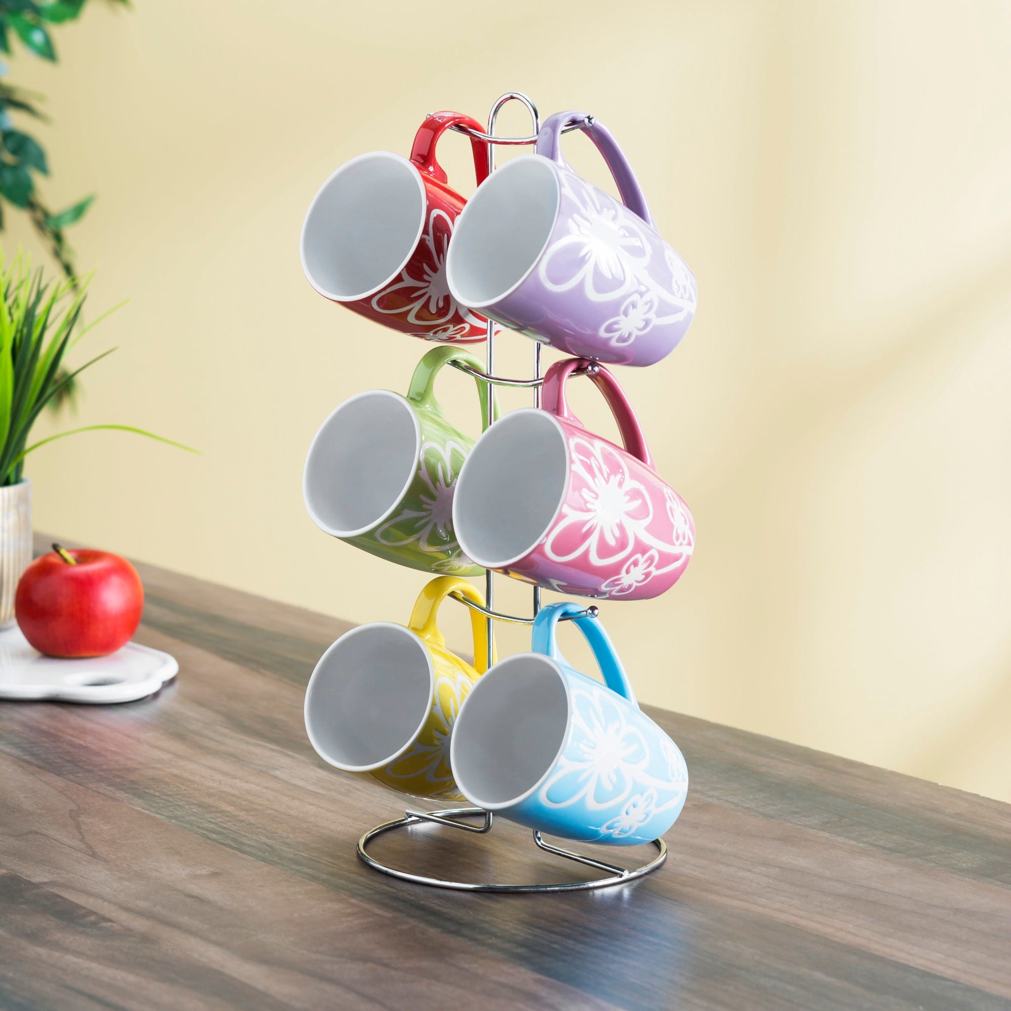 Home Basics 6 Piece Daisy  Mug Set with Stand, Multi-Color $10.00 EACH, CASE PACK OF 6