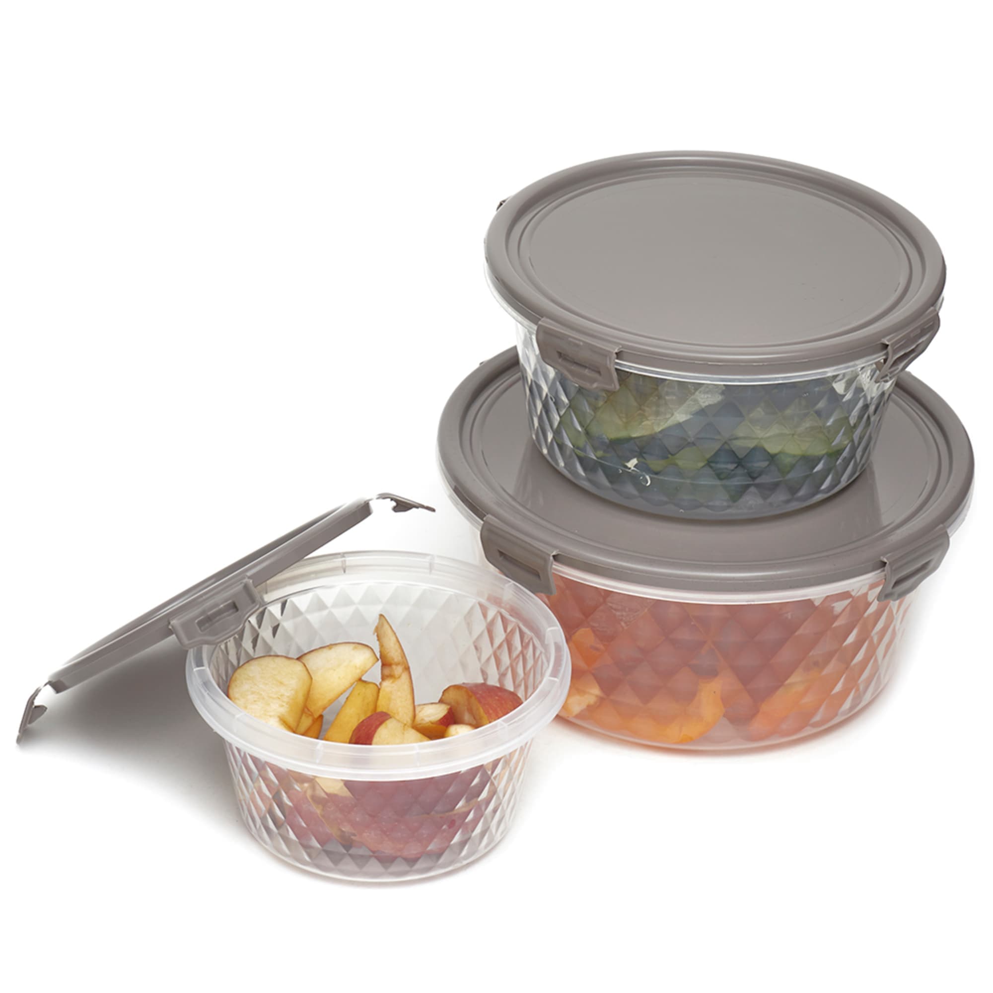 Home Basics Crystal 3 Piece Round Food Storage Containers with Locking Lids, 18.59 oz, 33.81  oz, 57.48 oz $4 EACH, CASE PACK OF 12