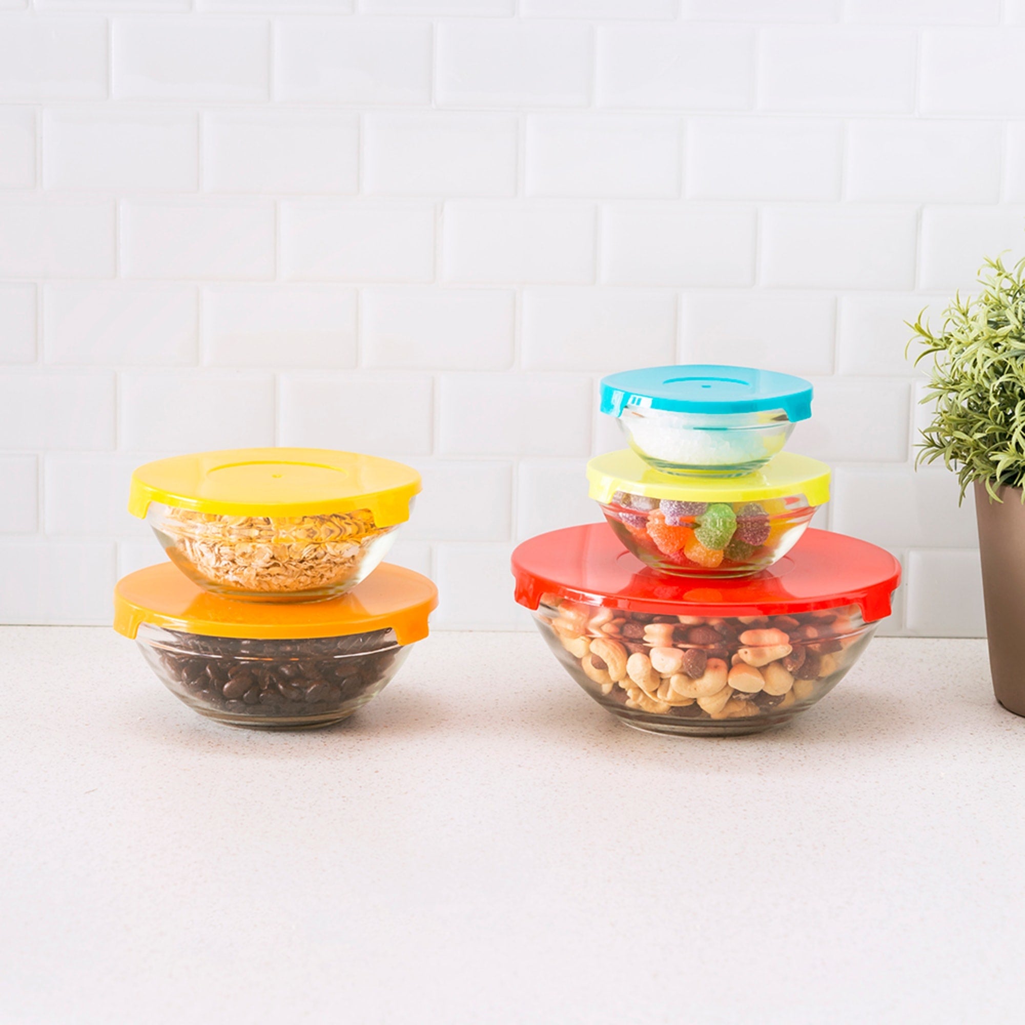 Home Basics 5 Piece Glass Bowl Set with Plastic Colorful Lids, FOOD PREP