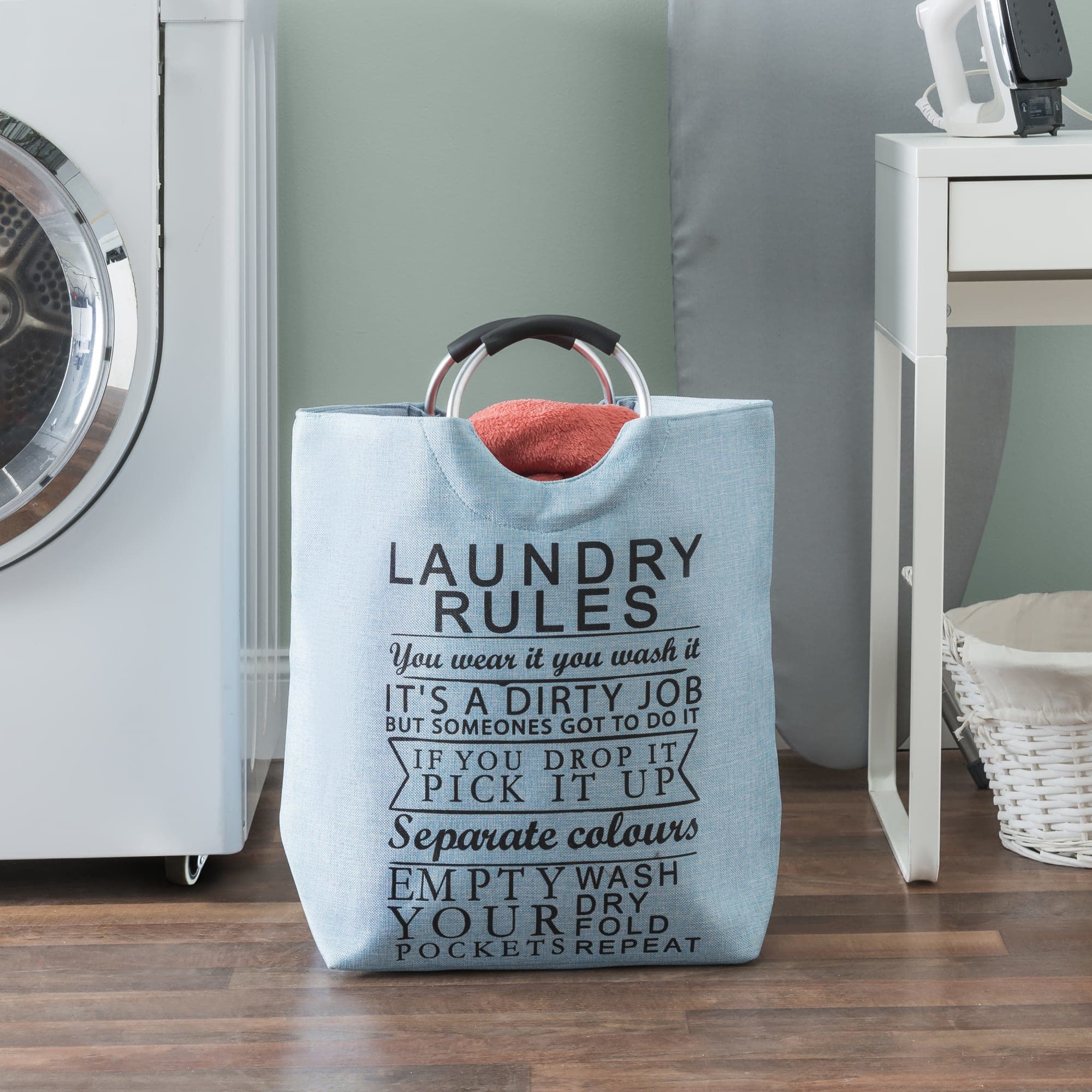 Home Basics Laundry Rules Canvas Hamper Tote with Soft Grip Handles, Blue, LAUNDRY ORGANIZATION