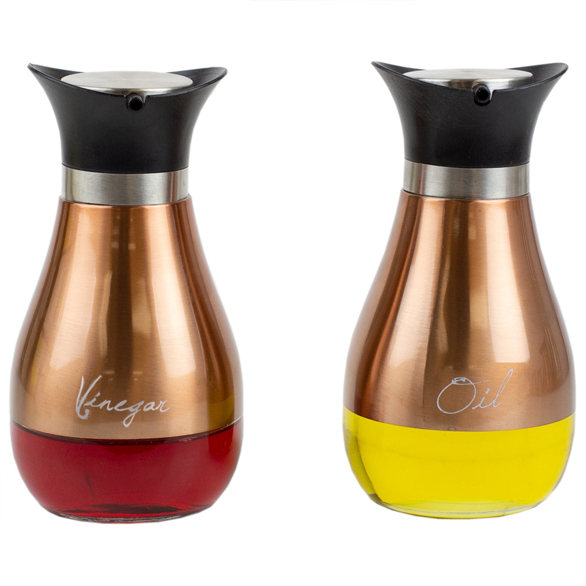 Home Basics 2 Piece Steel Oil and Vinegar Set with See-Through Glass Base, Copper - Assorted Colors