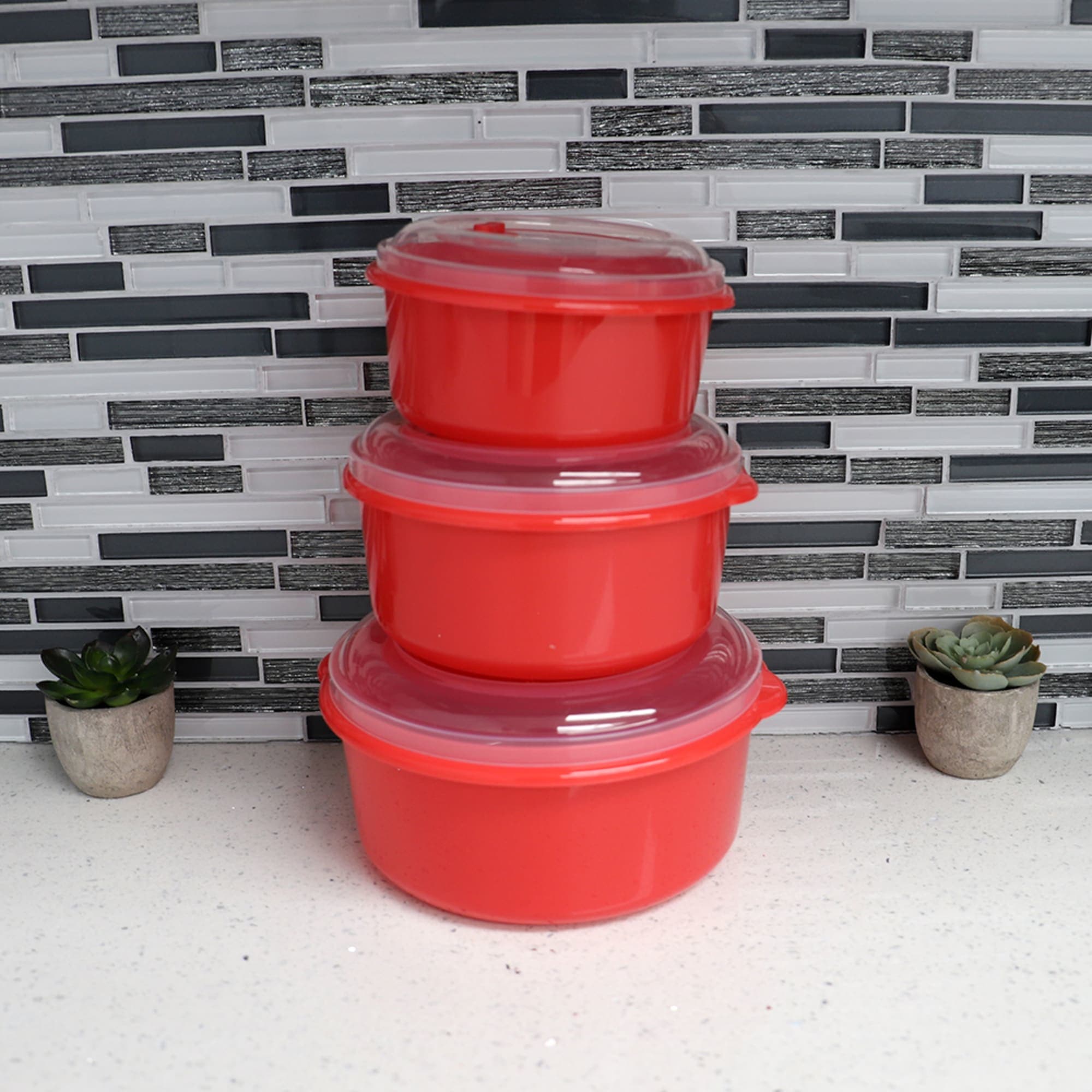 Home Basics Microwave Safe Plastic Round Food Storage Containers, (Pack of  3), Red, FOOD PREP