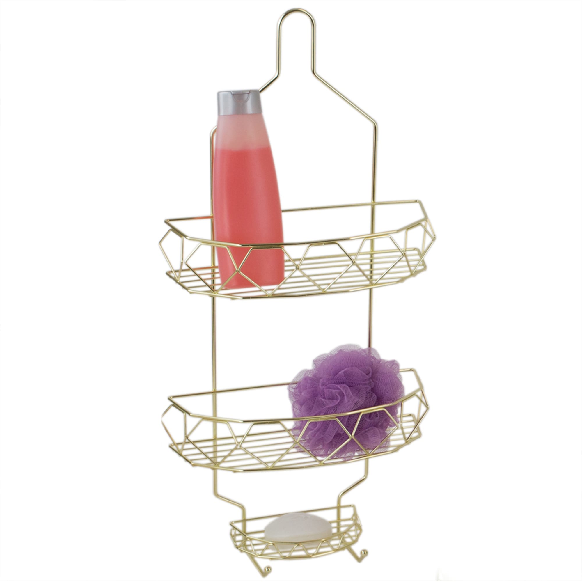 Home Basics Prism 2 Tier Shower Caddy with Built-in Hooks, Gold