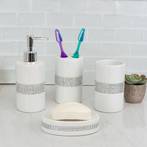 Home Basics 4 Piece Ceramic Luxury Bath Accessory Set with Stunning Sequin Accents, White $10.00 EACH, CASE PACK OF 12