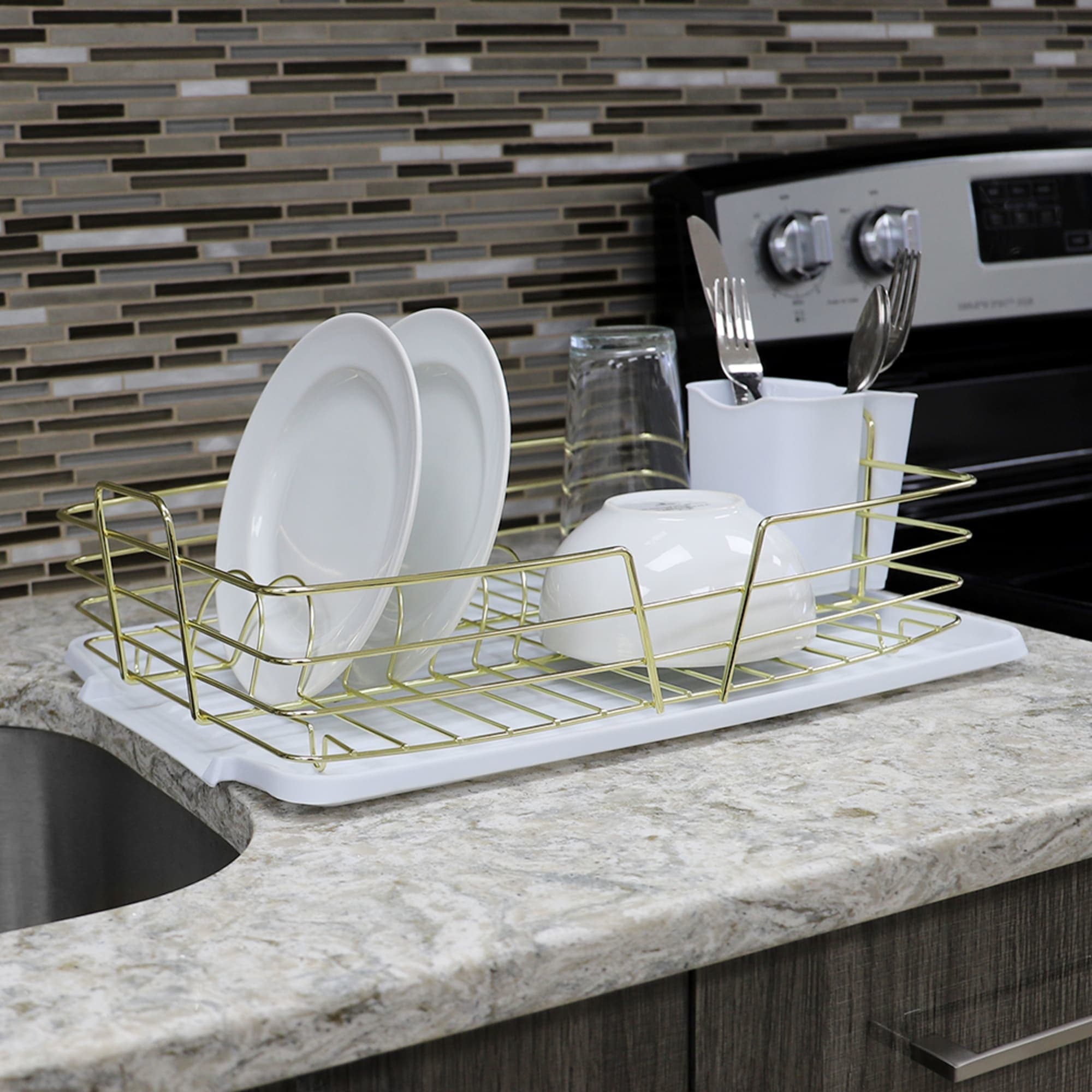 Dish Drying Rack and Drain Board Set with Removable Utensil Holder 6 Cup  Hangers for Kitchen Counter 