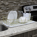 Load image into Gallery viewer, Michael Graves Design Deluxe Dish Rack with Gold Finish Wire and Removable Dual Compartment Utensil Holder, White/Gold $14.00 EACH, CASE PACK OF 6
