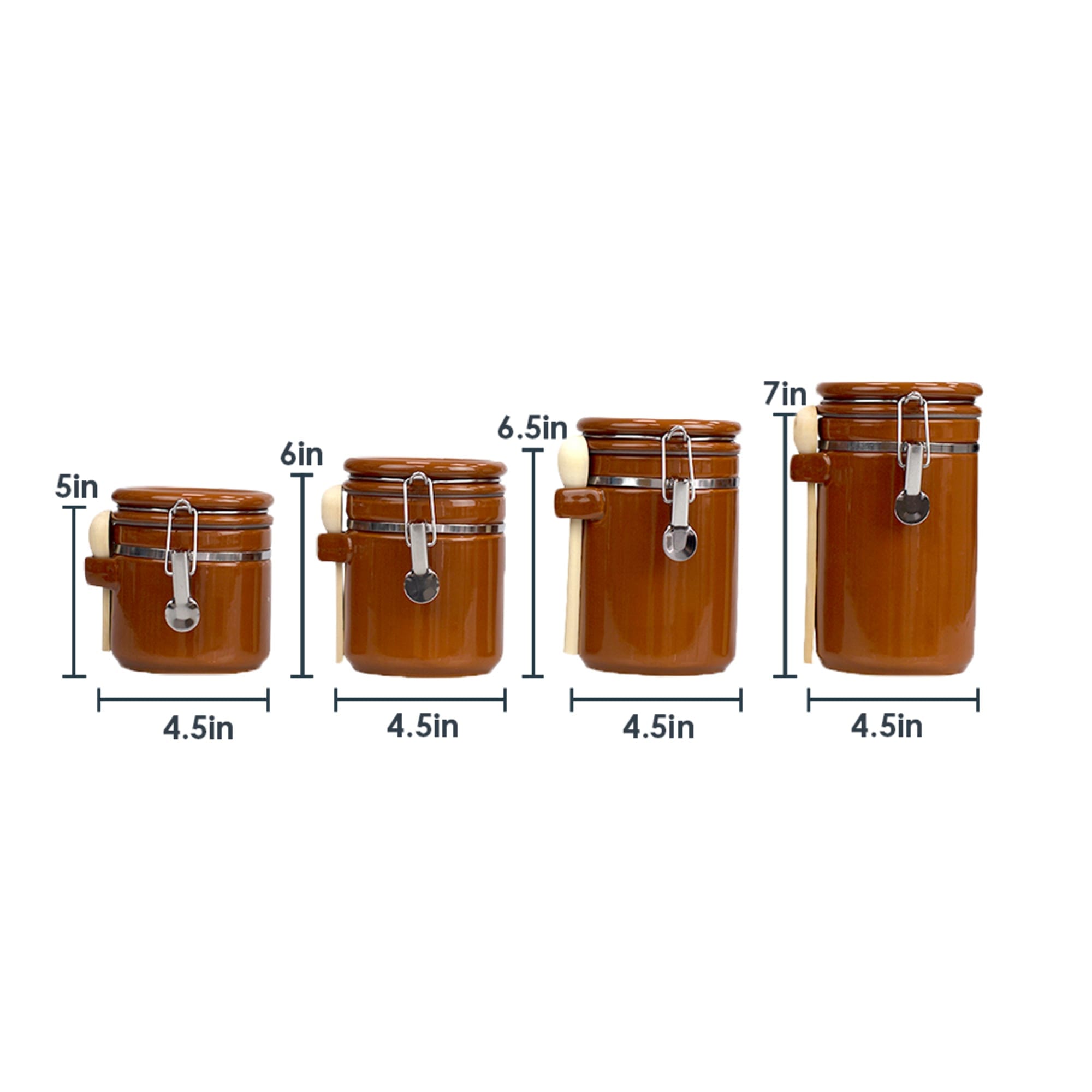 Home Basics 4 Piece Ceramic Canisters with Easy Open Air-Tight Clamp Top Lid and Wooden Spoons, Brown $20.00 EACH, CASE PACK OF 2
