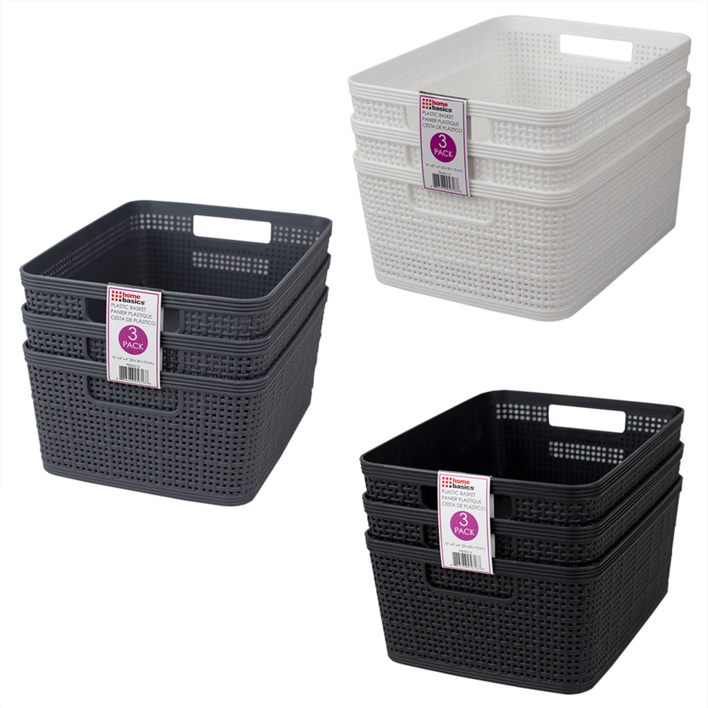 Home Basics Trellis 10" x 7.25" x 4.25" Multi-Purpose Stackable Plastic Storage Basket, (Pack of 3) - Assorted Colors