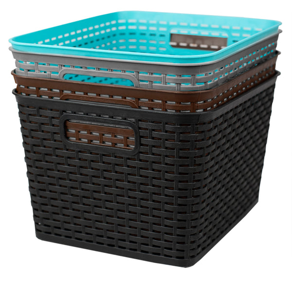 Home Basics Medium Stackable Multi-Purpose Tightly Woven Plastic Basket  with Cut-Out Handles, STORAGE ORGANIZATION