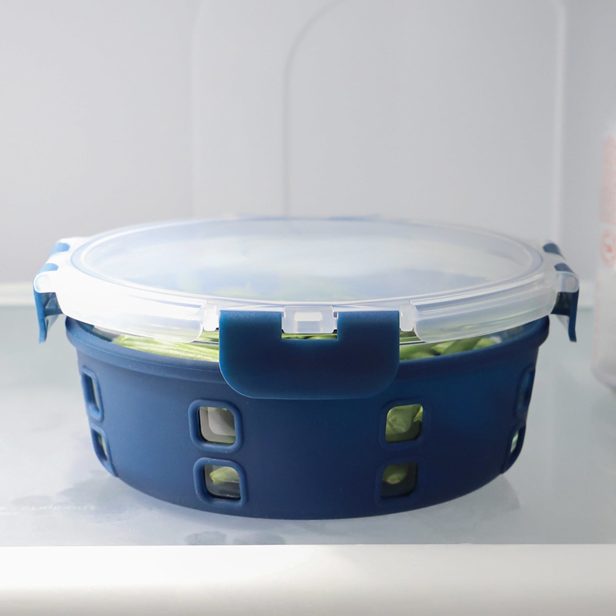 Michael Graves Design Round 32 Ounce High Borosilicate Glass Food Storage Container with Plastic Lid, Indigo $8 EACH, CASE PACK OF 12