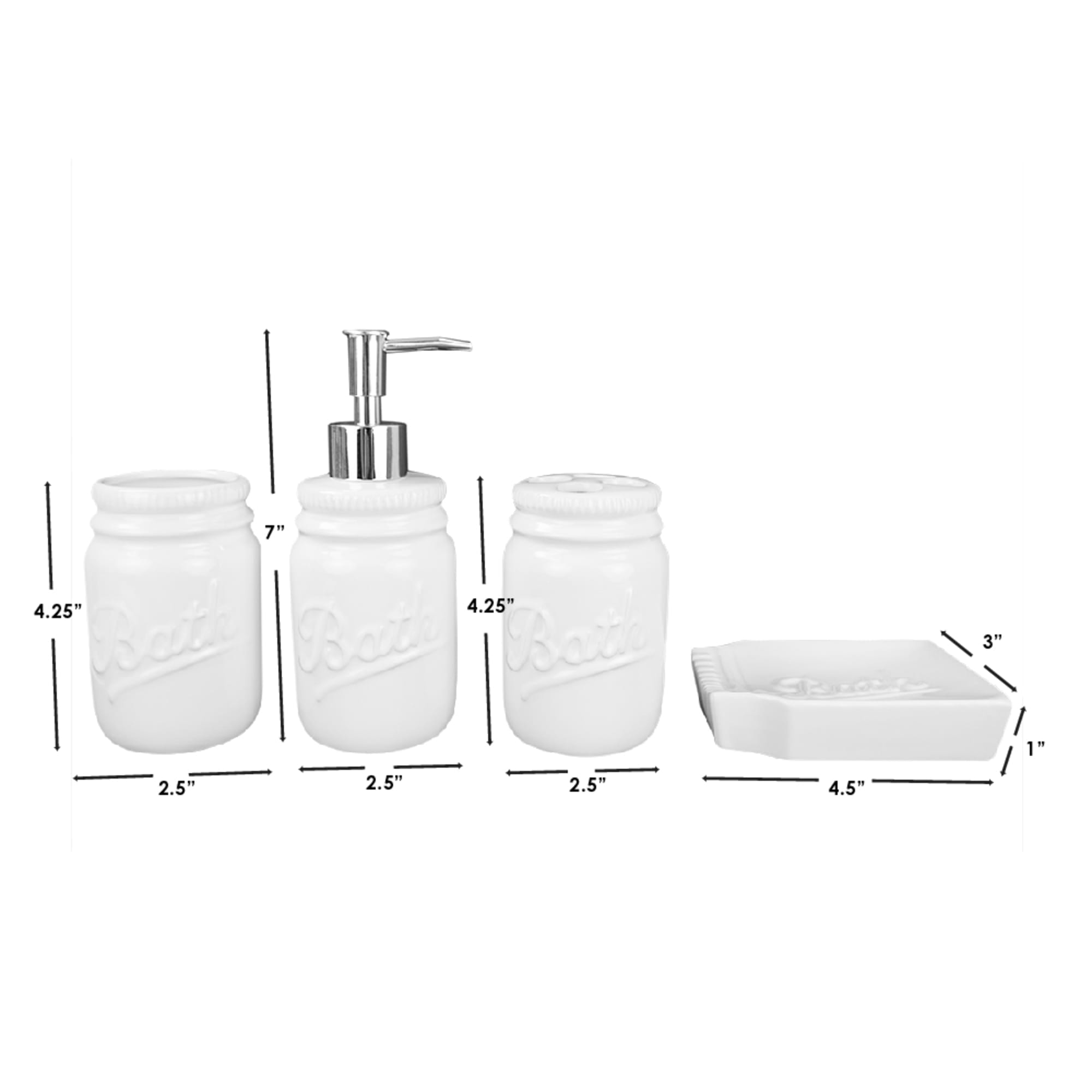 Home Basics 4 Piece Ceramic Mason Jar Bath Set, White $10.00 EACH, CASE PACK OF 6