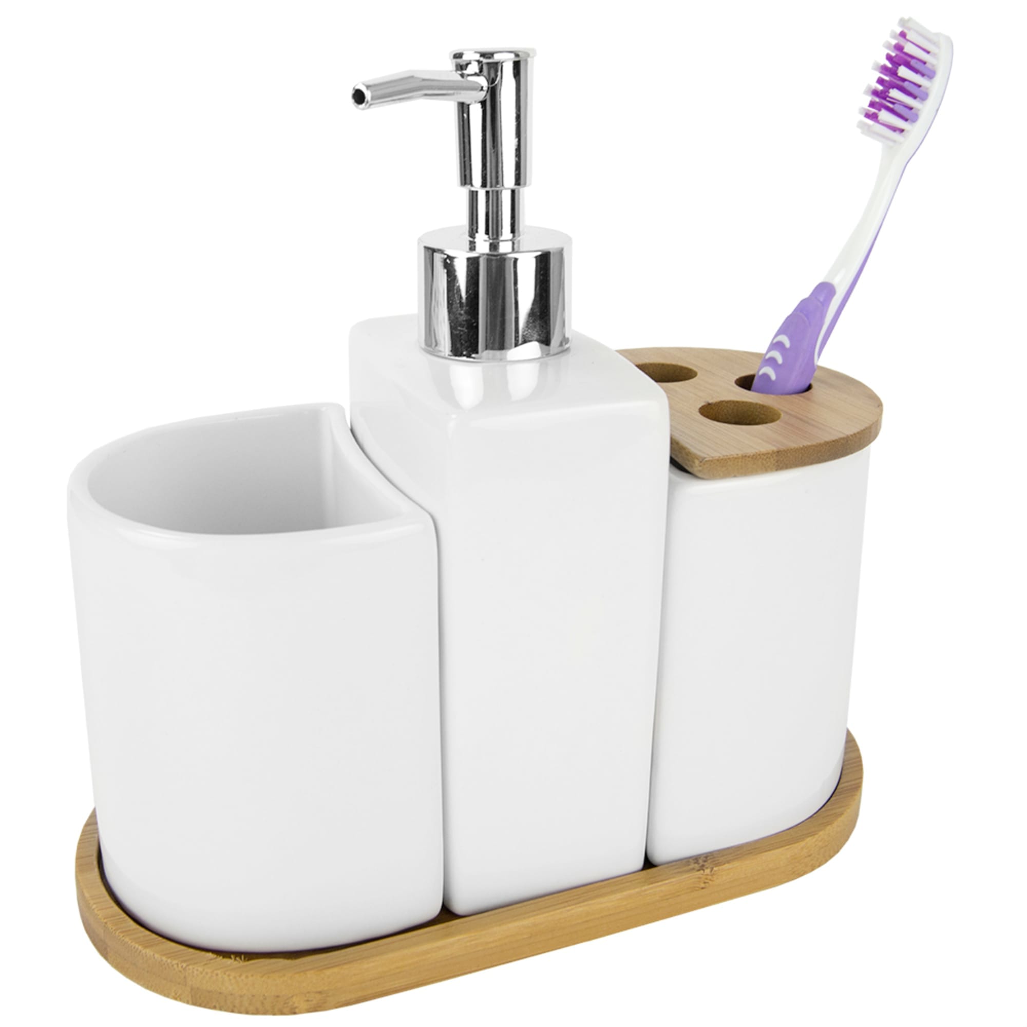 Home Basics 4 Piece Ceramic Bath Accessory Set with Bamboo Accents $10.00 EACH, CASE PACK OF 6