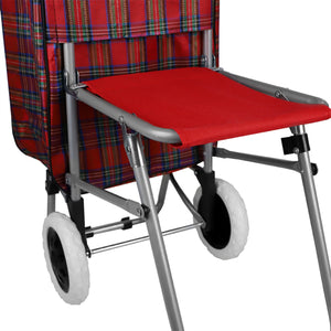 Home Basics Plaid Rolling Shopping Cart with Foldable Built-in Seat - Assorted Colors