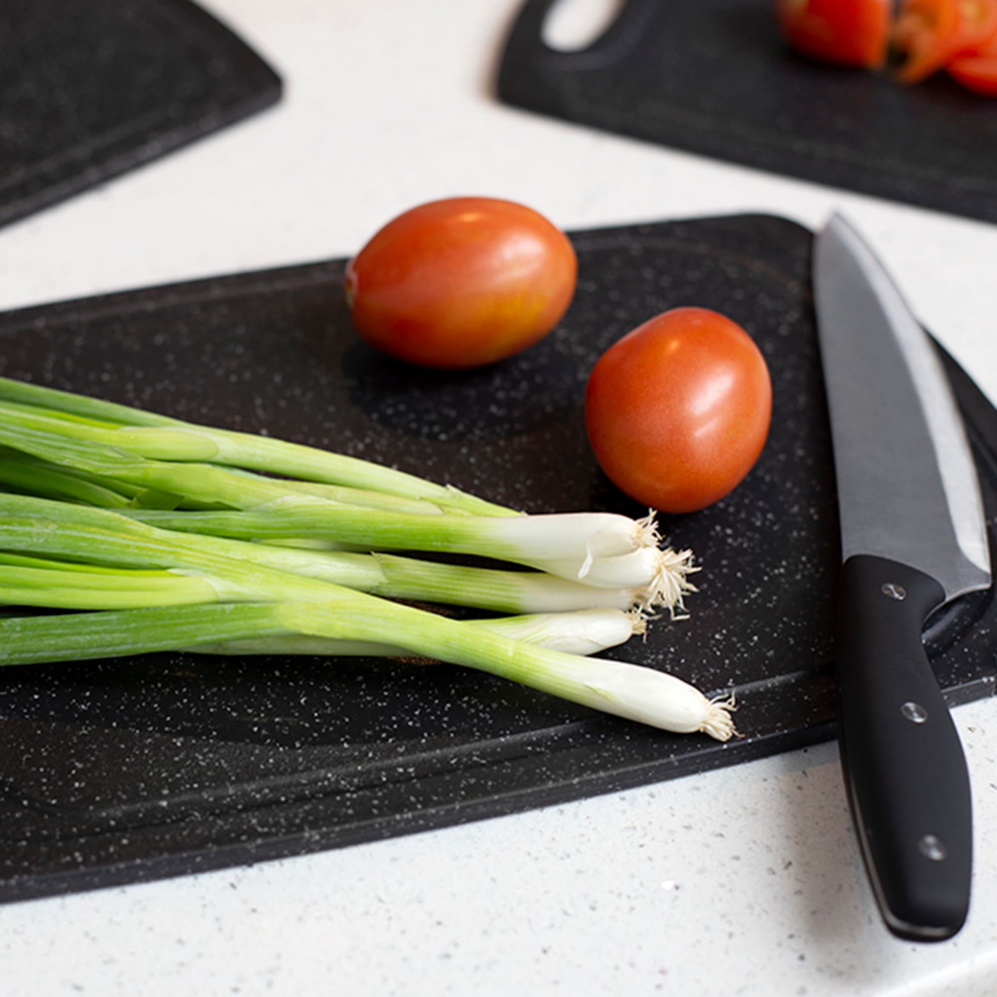 Home Basics 3 Piece Double Sided Granite  Look  Non-Slip Plastic Cutting Board Set with Deep Juice Groove and  Easy Grip Handle, Black $10.00 EACH, CASE PACK OF 6