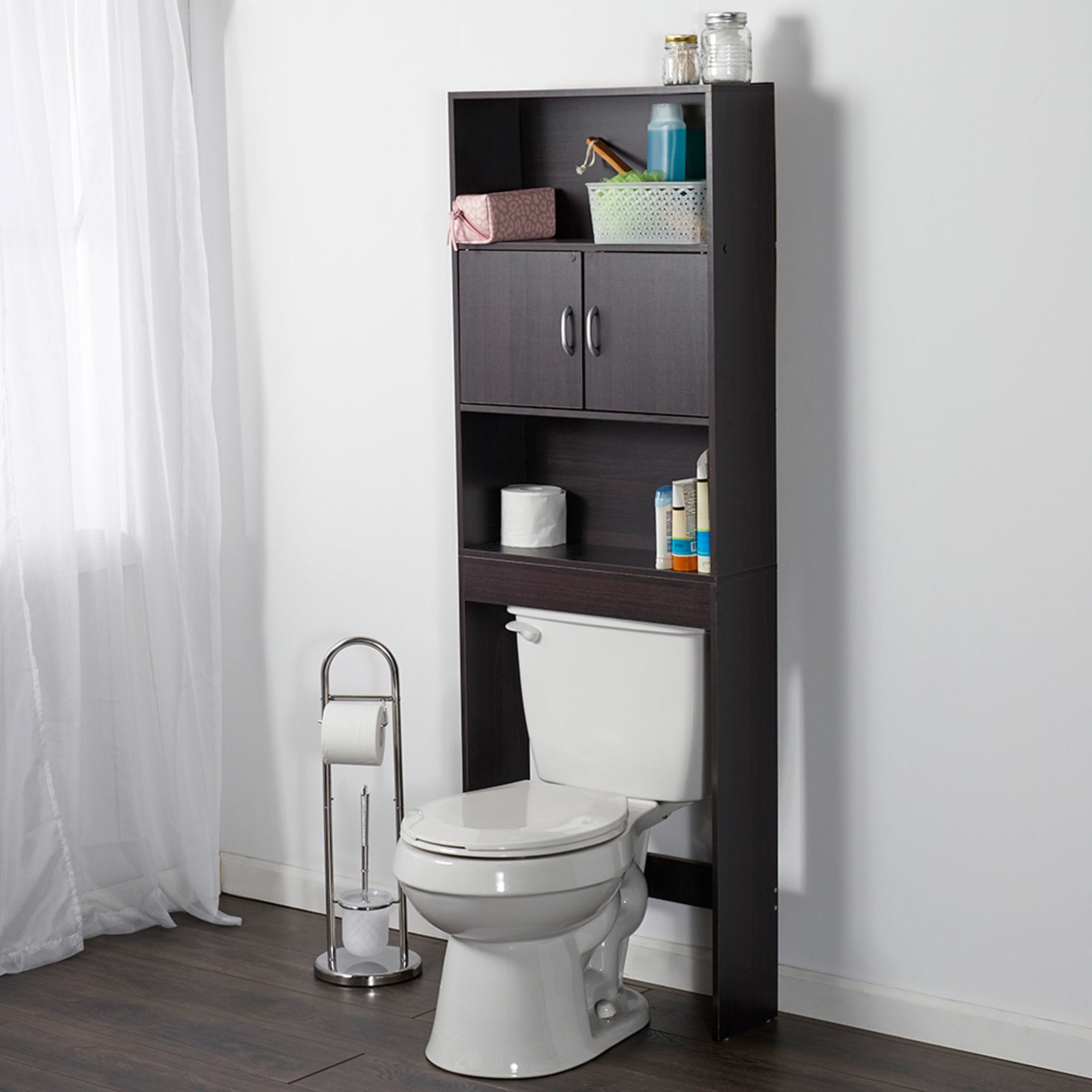 Home Basics (Grey) 3 Tier Wood Space Saver Over The Toilet Bathroom Shelf with Open Shelving and Cabinets