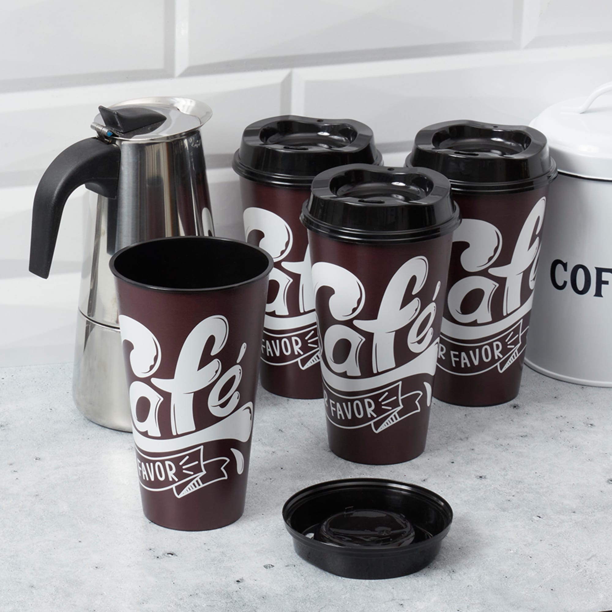 Home Basics 16 oz. 4-Pack of Reusable Plastic Coffee Cups With Lids, Brown, HYDRATION