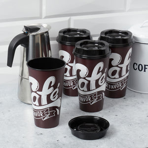 Home Basics 16 oz. 4-Pack of Reusable Plastic Coffee Cups With Lids, Brown $5.00 EACH, CASE PACK OF 28