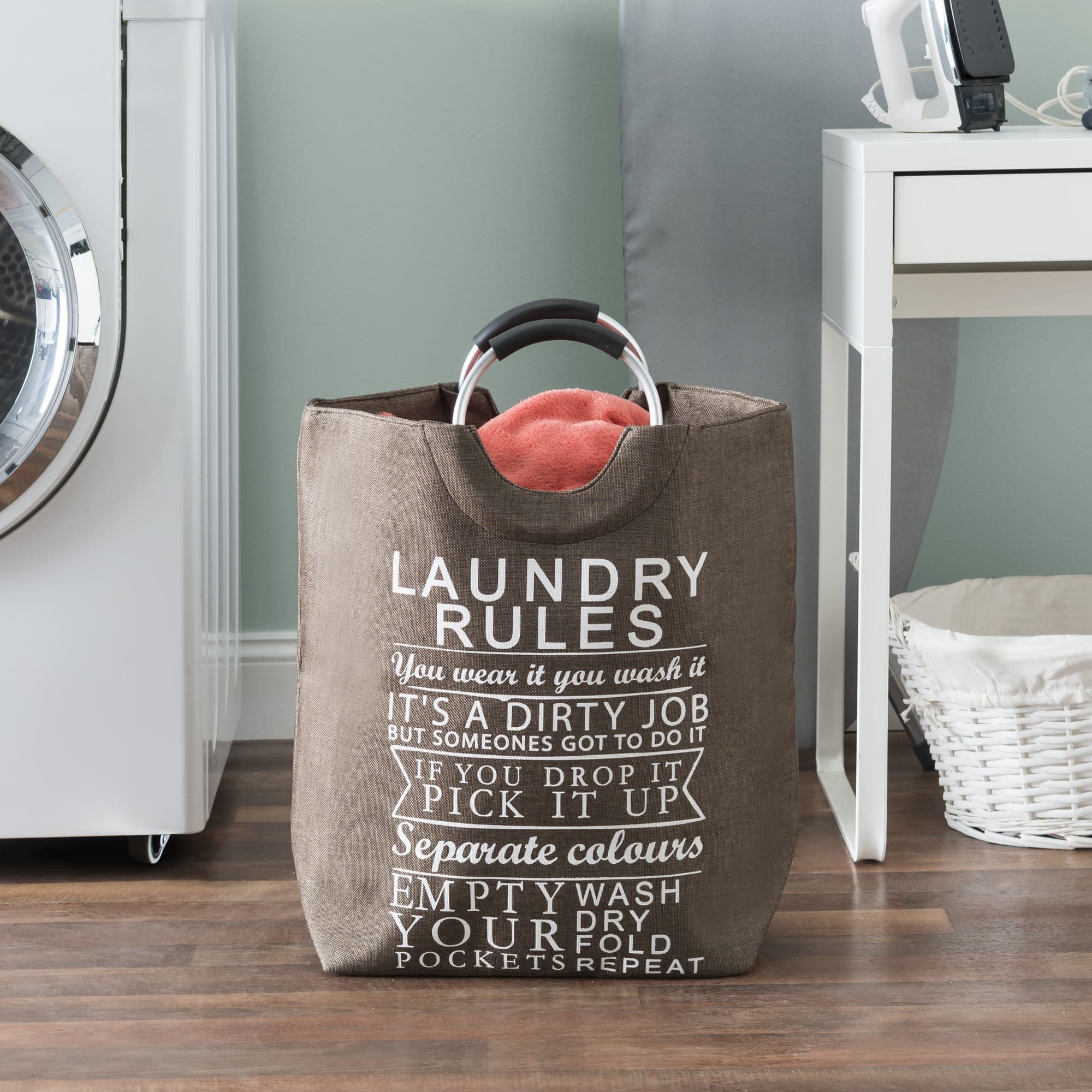 Home Basics Laundry Rules Canvas Hamper Tote with Soft Grip Handles, Brown, LAUNDRY ORGANIZATION