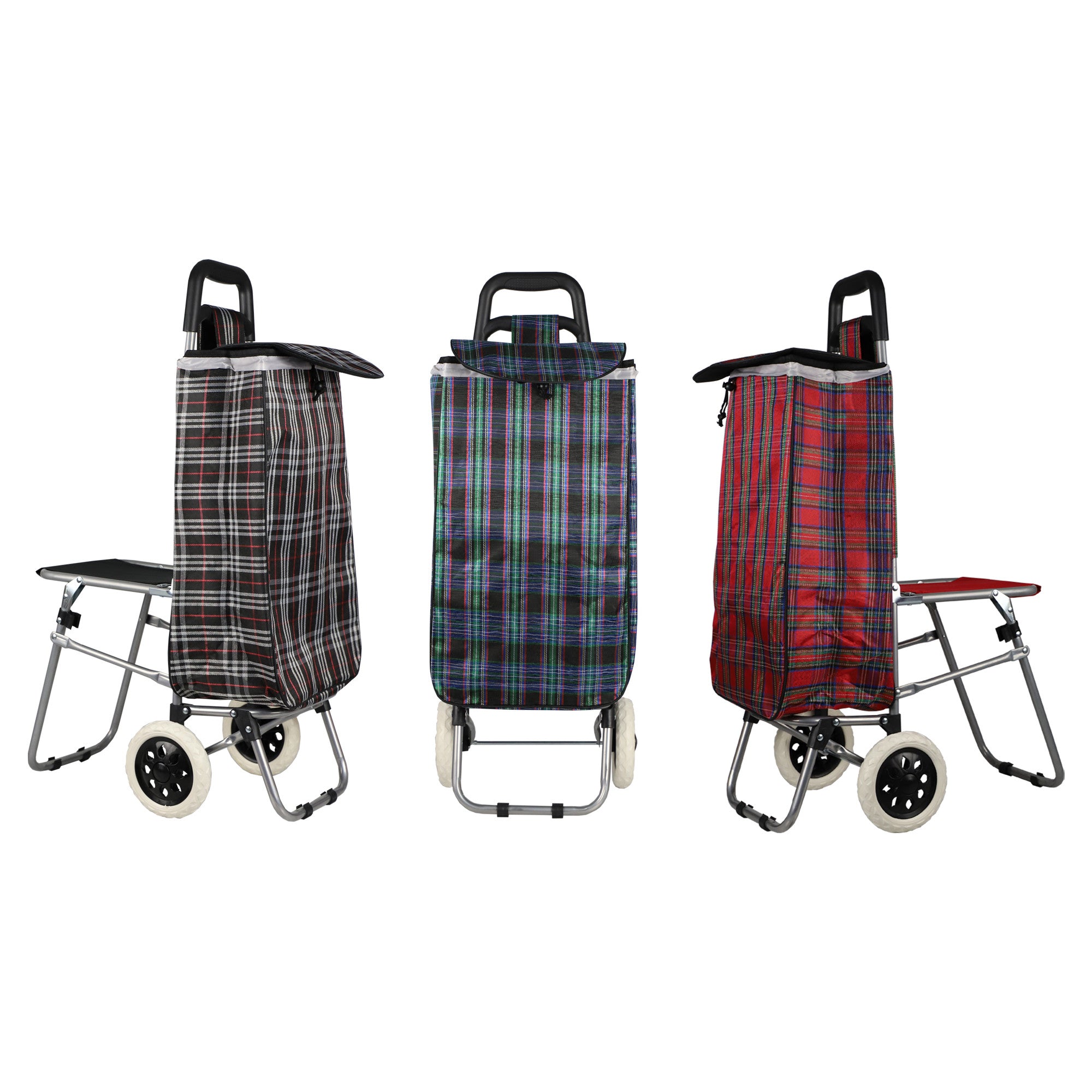 Home Basics Plaid Rolling Shopping Cart with Foldable Built-in Seat - Assorted Colors
