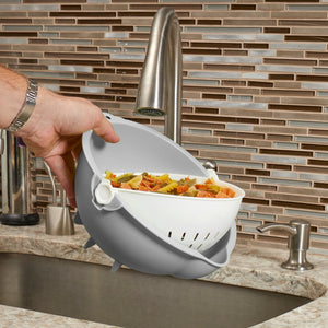 2-in-1 Swiveling Bowl and Colander - White/Grey Soak and Strain Dual Function with Stabilizing Feet and Pour Spout, Fruit Bowl and Veggie Wash, Pasta Strainer $3.00 EACH, CASE PACK OF 12