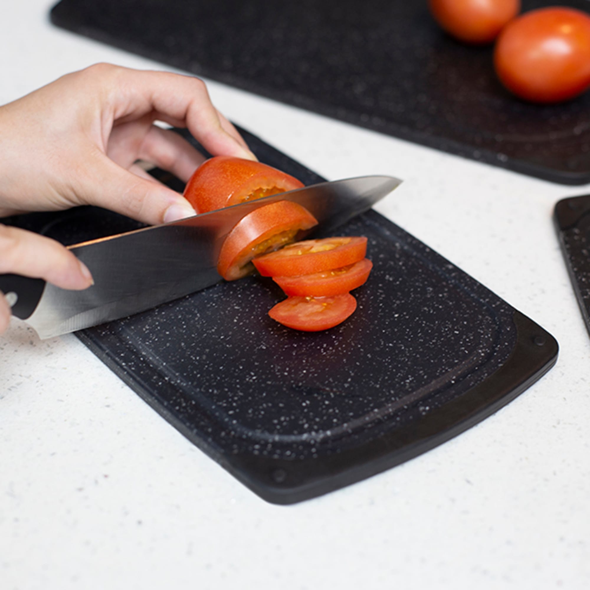 Home Basics 3 Piece Double Sided Granite  Look  Non-Slip Plastic Cutting Board Set with Deep Juice Groove and  Easy Grip Handle, Black $10.00 EACH, CASE PACK OF 6