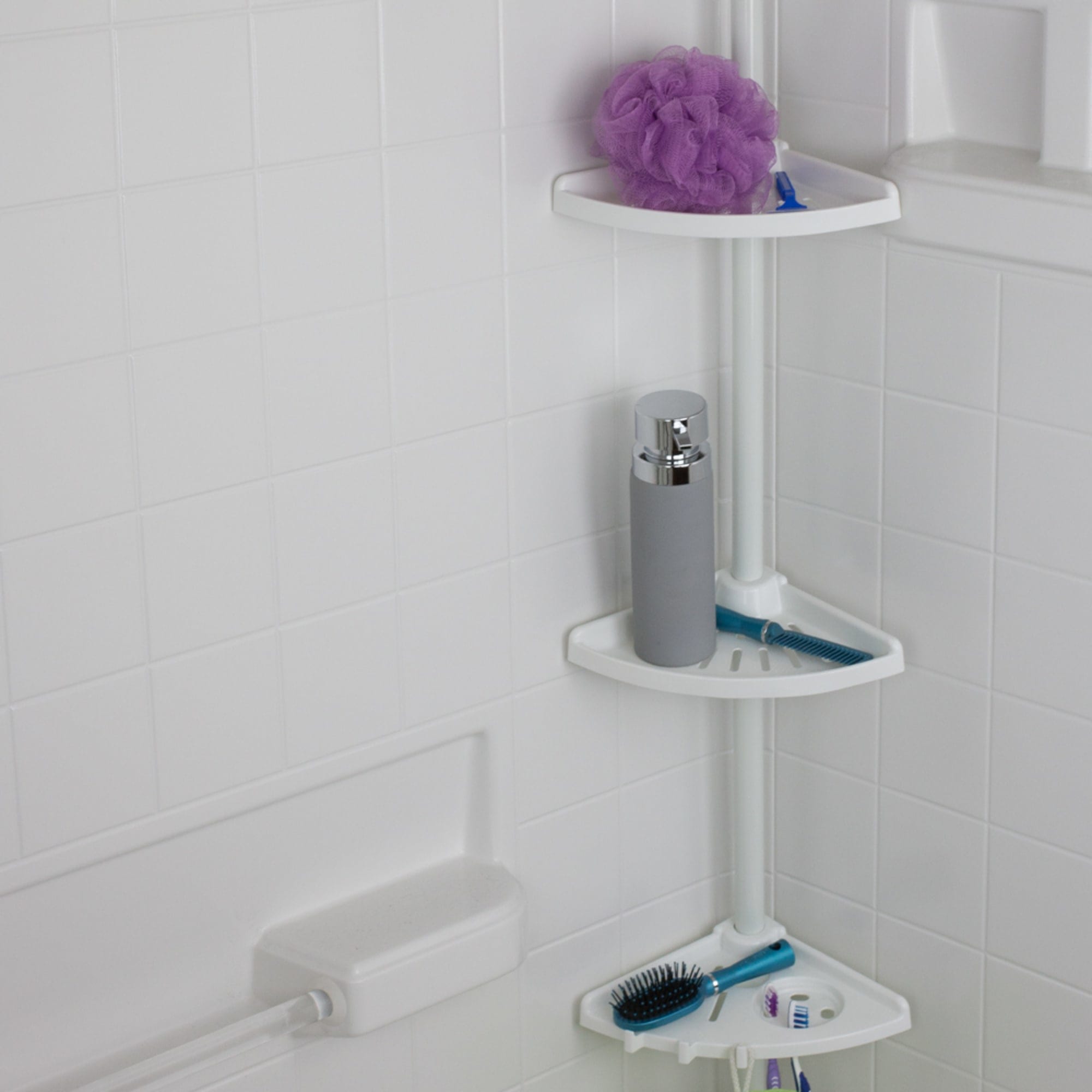 Corner Shower Caddy Tension Pole, Bathroom Organizer Stand Pole with 4  Plastic B