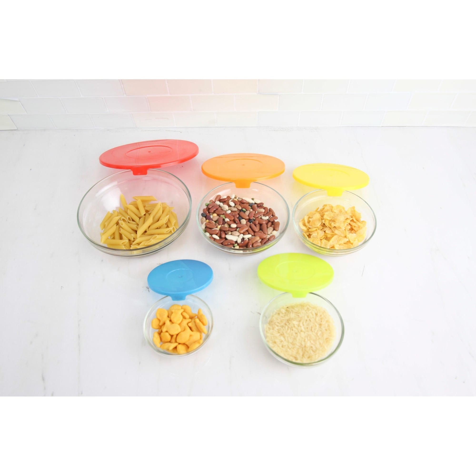 Home Basics 5 Piece Glass Bowl Set with Plastic Colorful Lids $5 EACH, CASE PACK OF 12