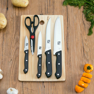 Home Basics Essentials Series 5 Piece Stainless Steel Knife Set with All Natural Wood Cutting Board $5.00 EACH, CASE PACK OF 12