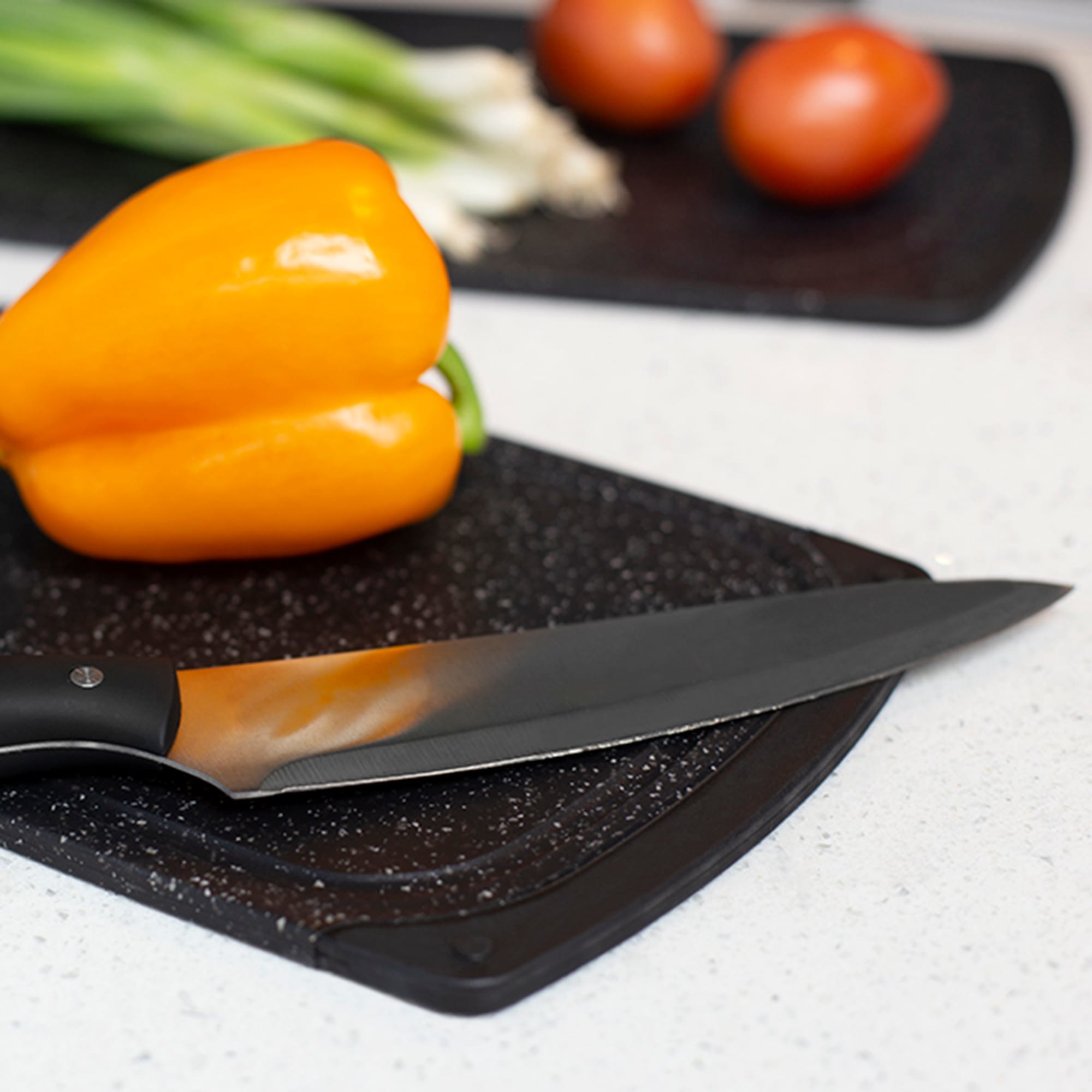 Home Basics 3 Piece Double Sided Granite  Look  Non-Slip Plastic Cutting Board Set with Deep Juice Groove and  Easy Grip Handle, Black $10.00 EACH, CASE PACK OF 6