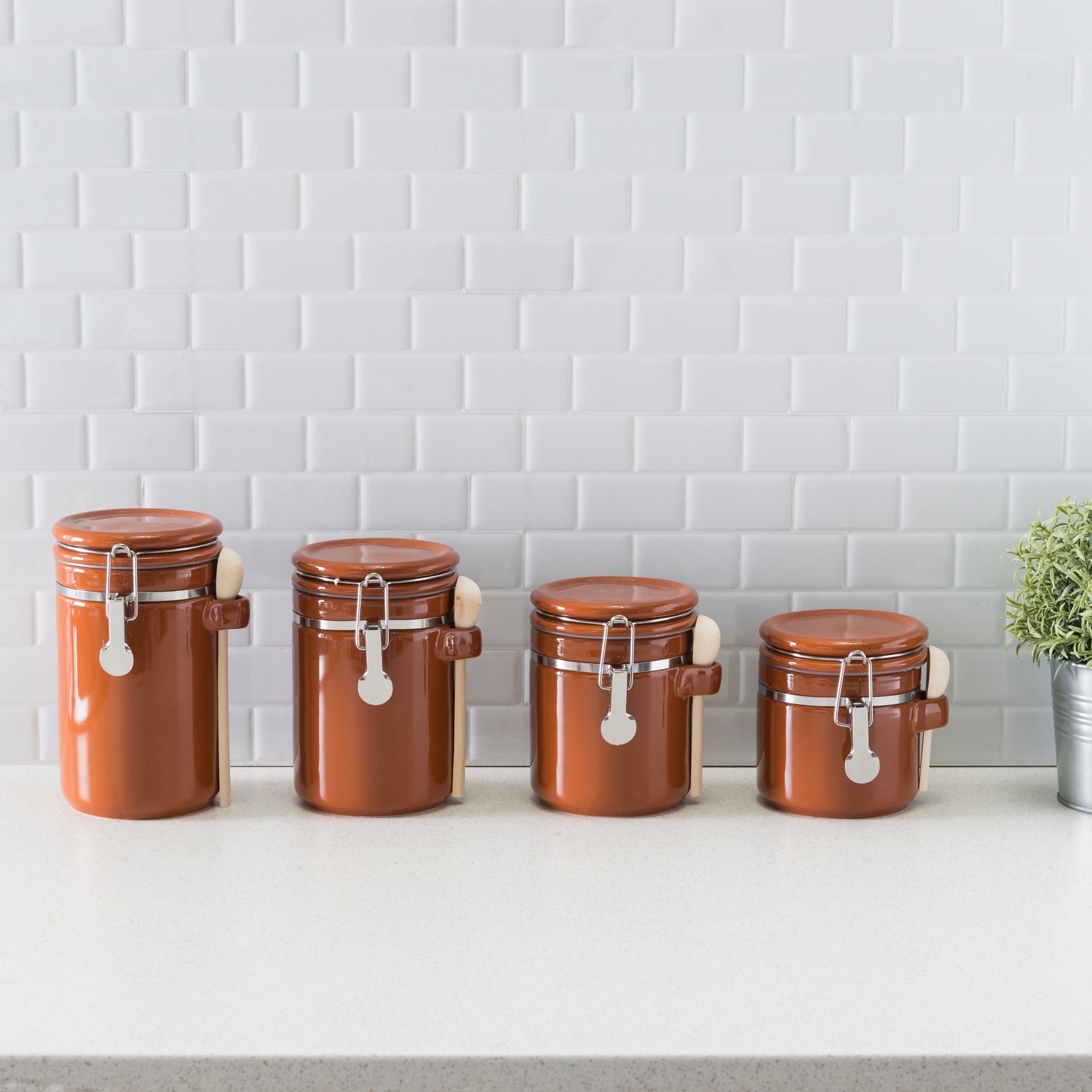 Home Basics 4 Piece Ceramic Canisters with Easy Open Air-Tight Clamp Top Lid and Wooden Spoons, Brown $20.00 EACH, CASE PACK OF 2